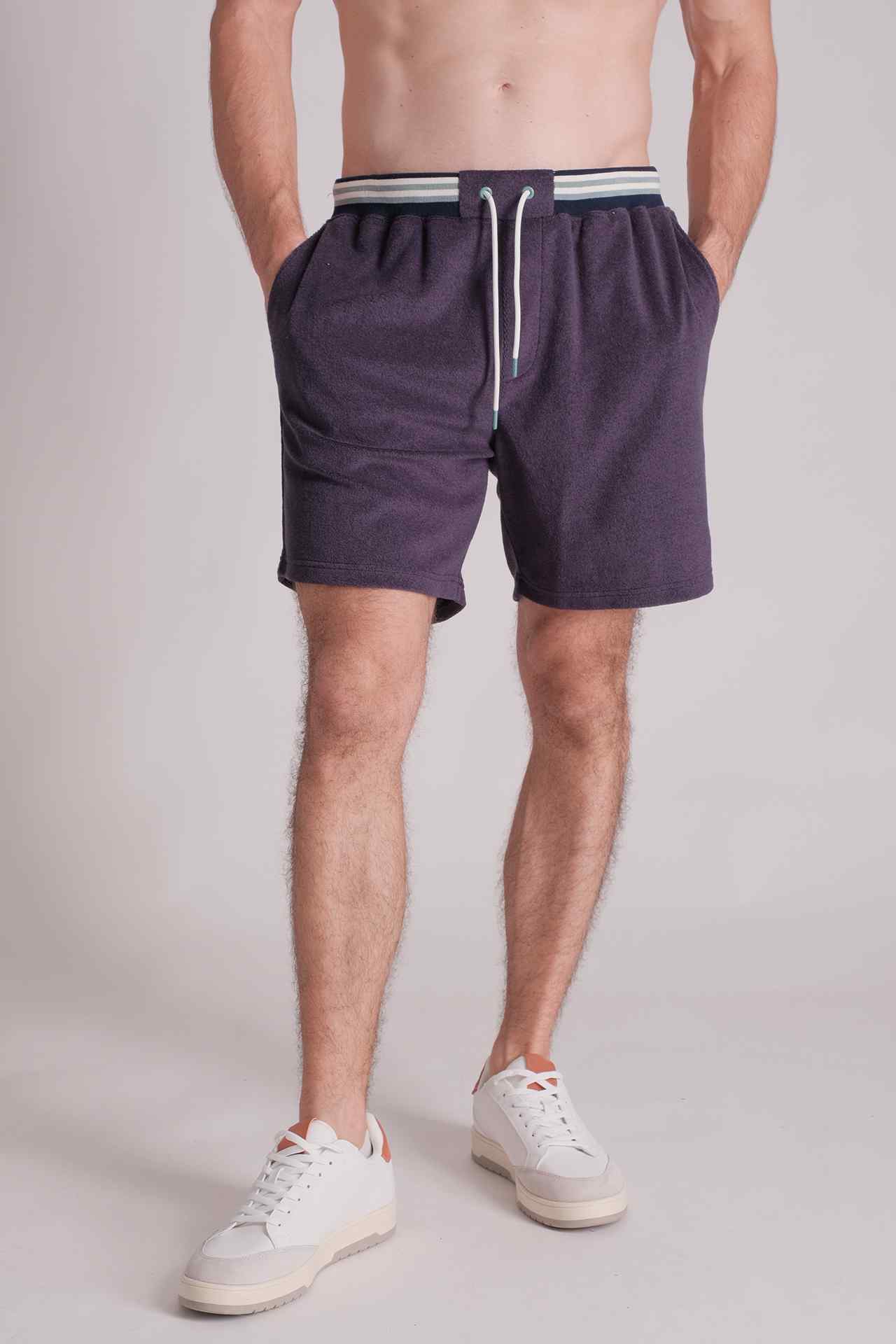 SPE0135 - Flat-Knit Stripe Waistband Cotton Terry Velour Resort Short 7.0" - Navy