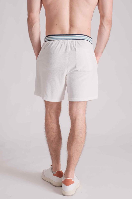 SPE0135 - Flat-Knit Stripe Waistband Cotton Terry Velour Resort Short 7.0" - White