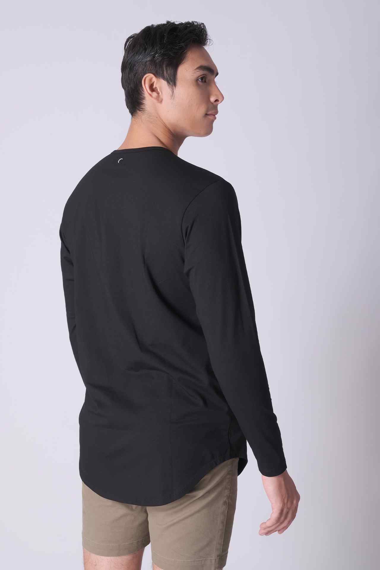SPJ0140 - Ultra Soft Stretch Curve-Hem Long Sleeve Henley - Black