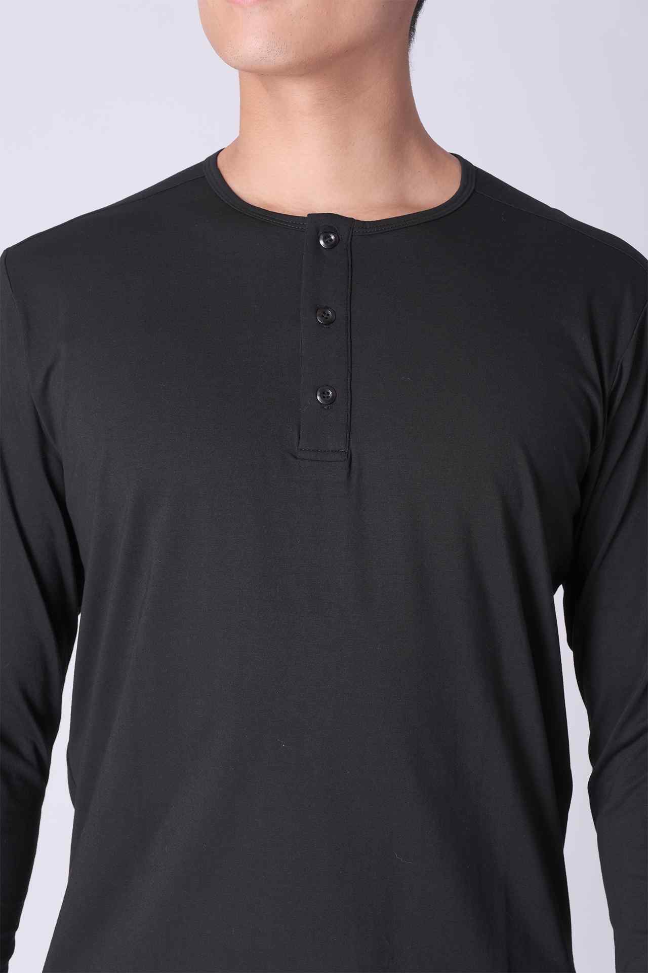 SPJ0140 - Ultra Soft Stretch Curve-Hem Long Sleeve Henley - Black