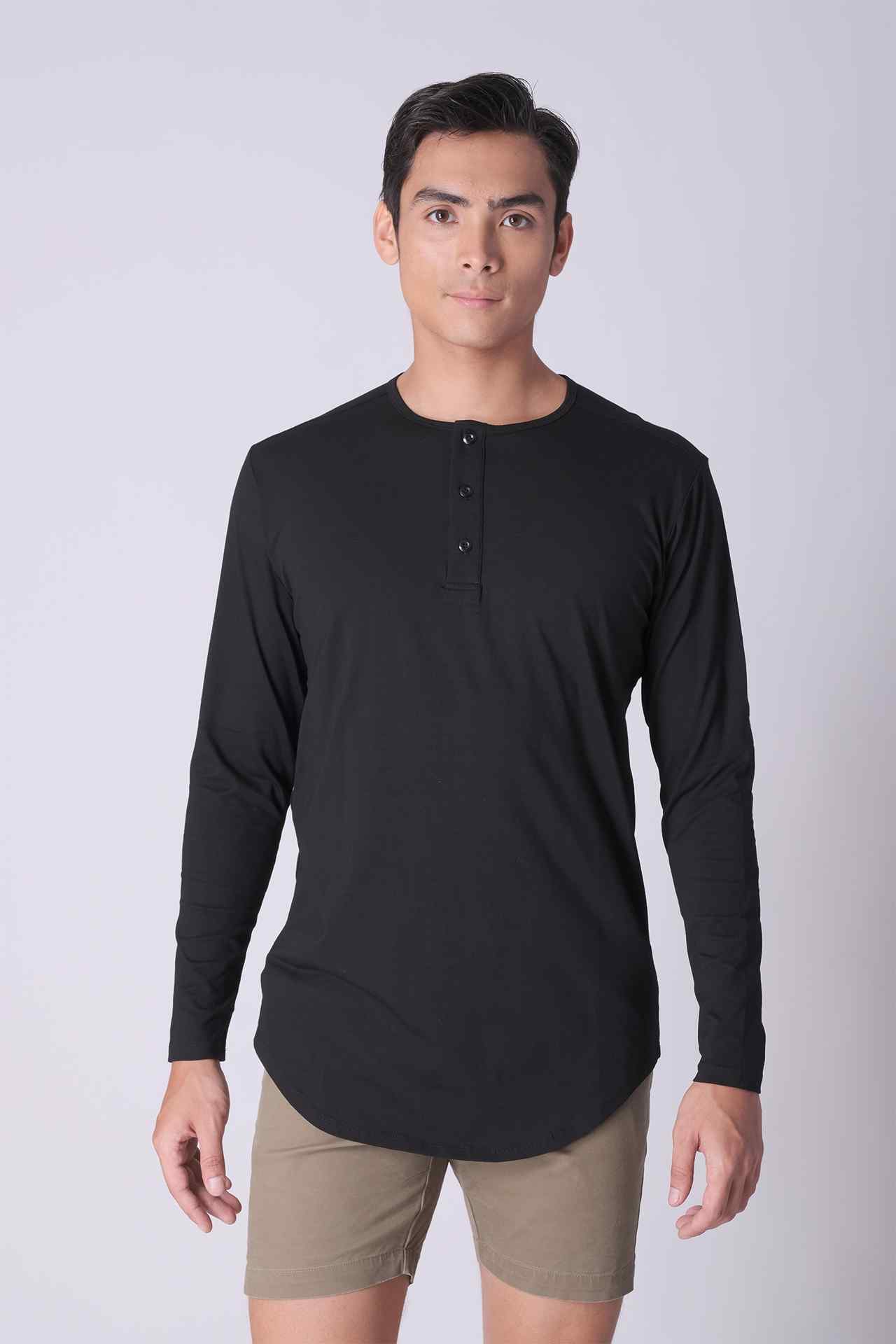 SPJ0140 - Ultra Soft Stretch Curve-Hem Long Sleeve Henley - Black