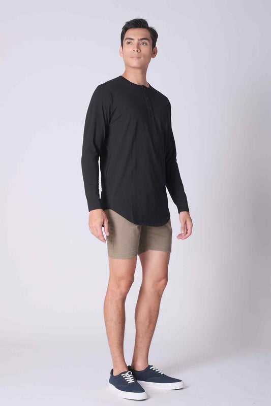 SPJ0140 - Ultra Soft Stretch Curve-Hem Long Sleeve Henley - Black