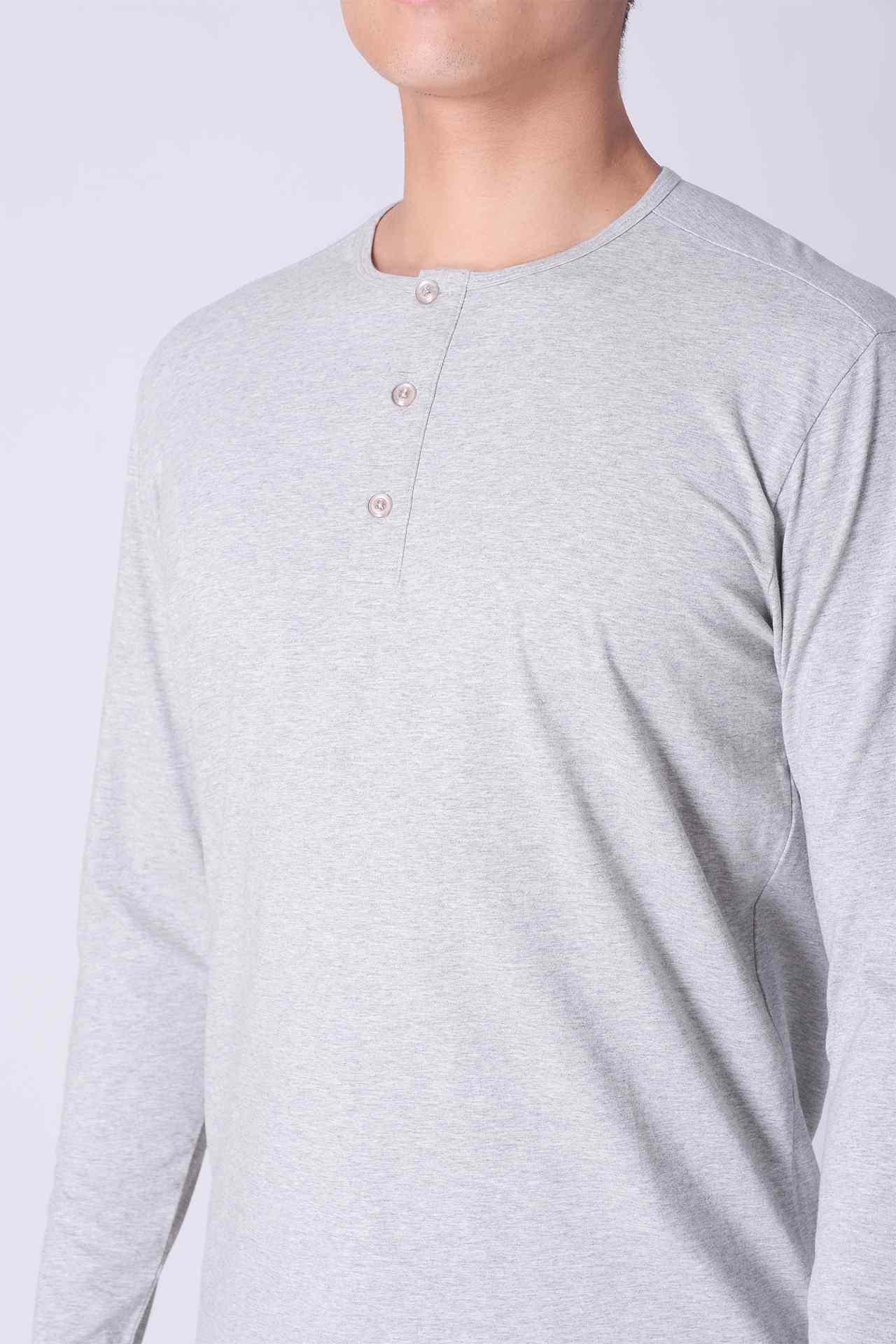 SPJ0140 - Ultra Soft Stretch Curve-Hem Long Sleeve Henley - Heather Grey