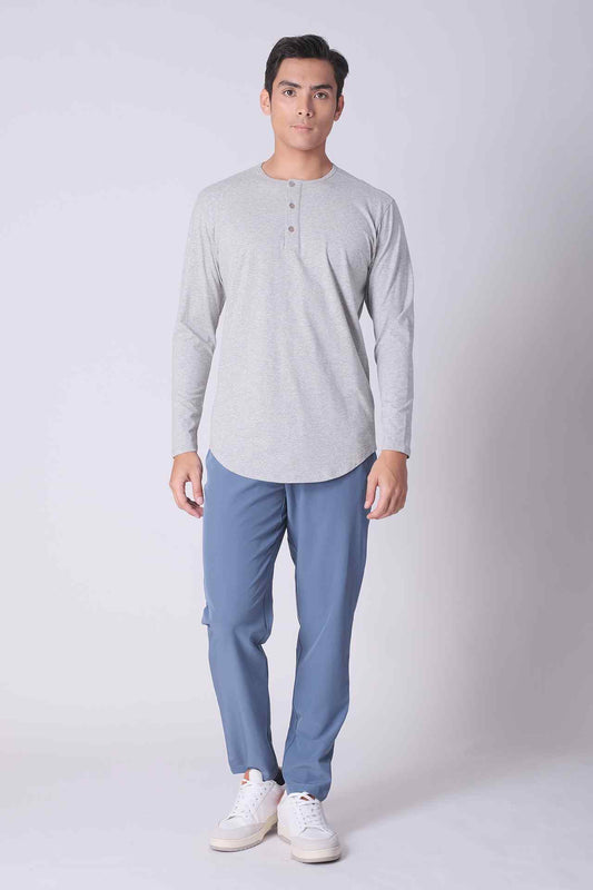 SPJ0140 - Ultra Soft Stretch Curve-Hem Long Sleeve Henley - Heather Grey