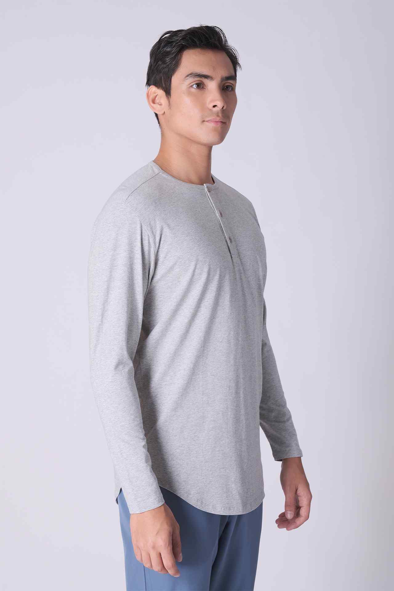 SPJ0140 - Ultra Soft Stretch Curve-Hem Long Sleeve Henley - Heather Grey