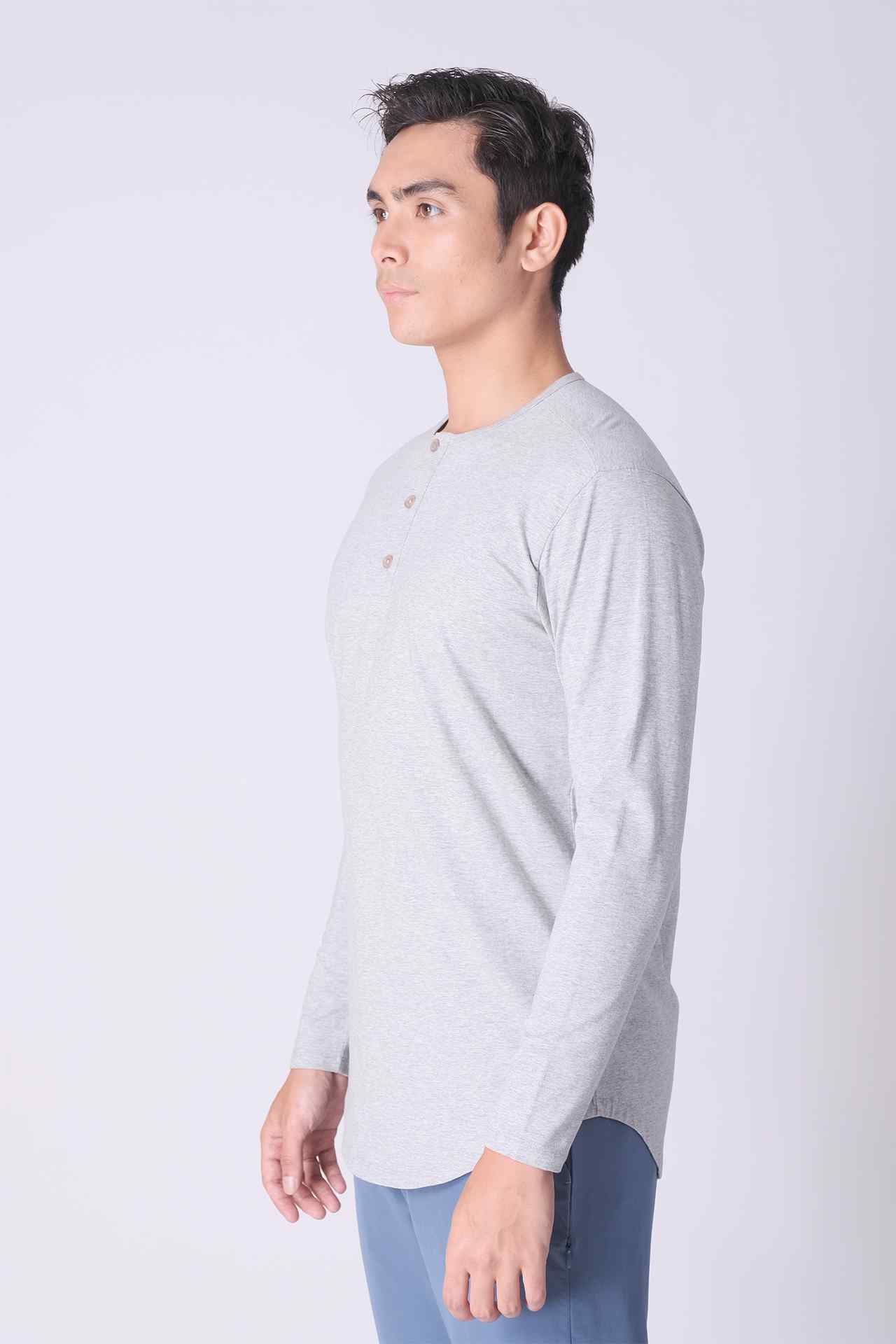 SPJ0140 - Ultra Soft Stretch Curve-Hem Long Sleeve Henley - Heather Grey