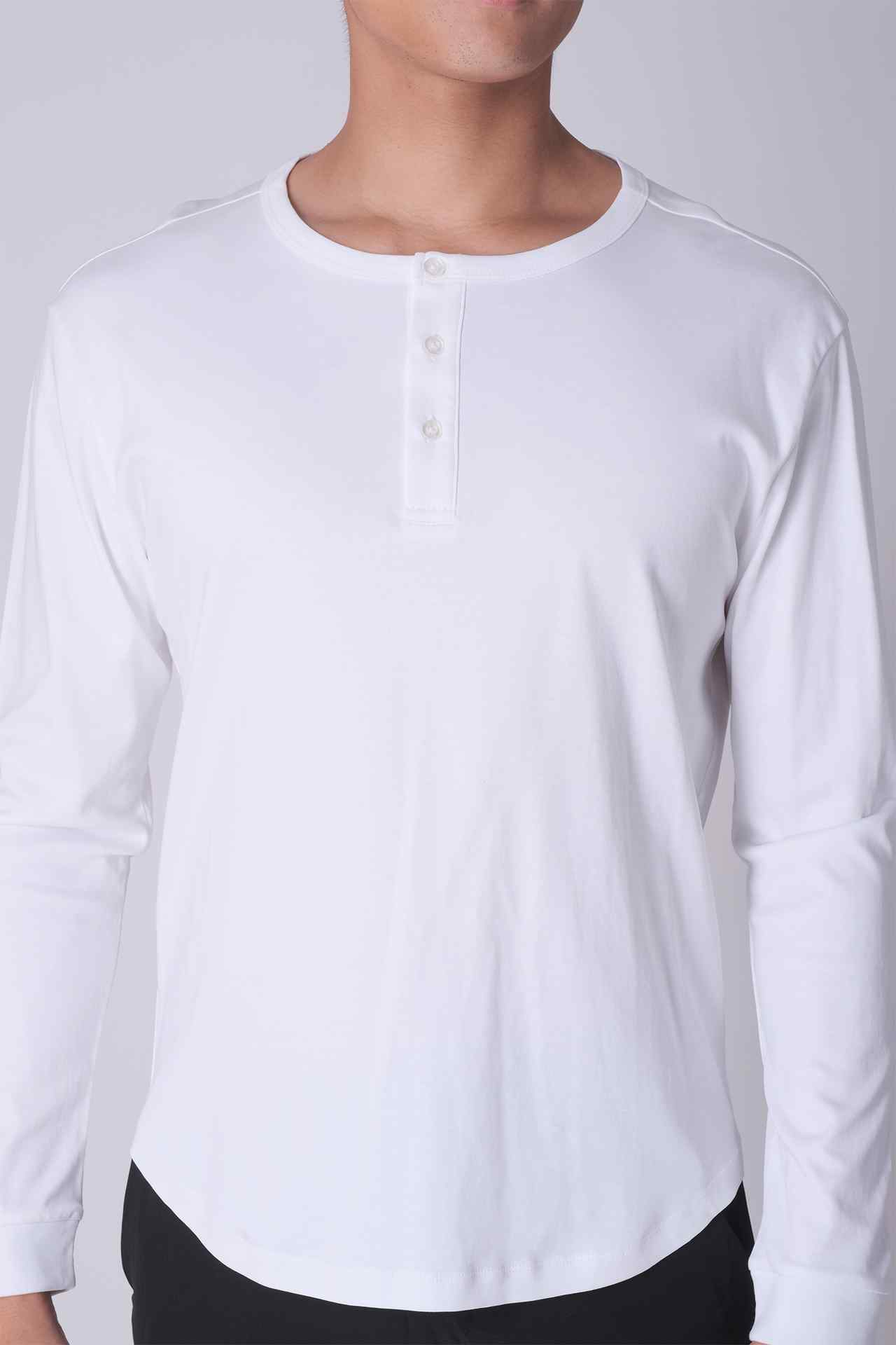 SPJ0140 - Ultra Soft Stretch Curve-Hem Long Sleeve Henley - White
