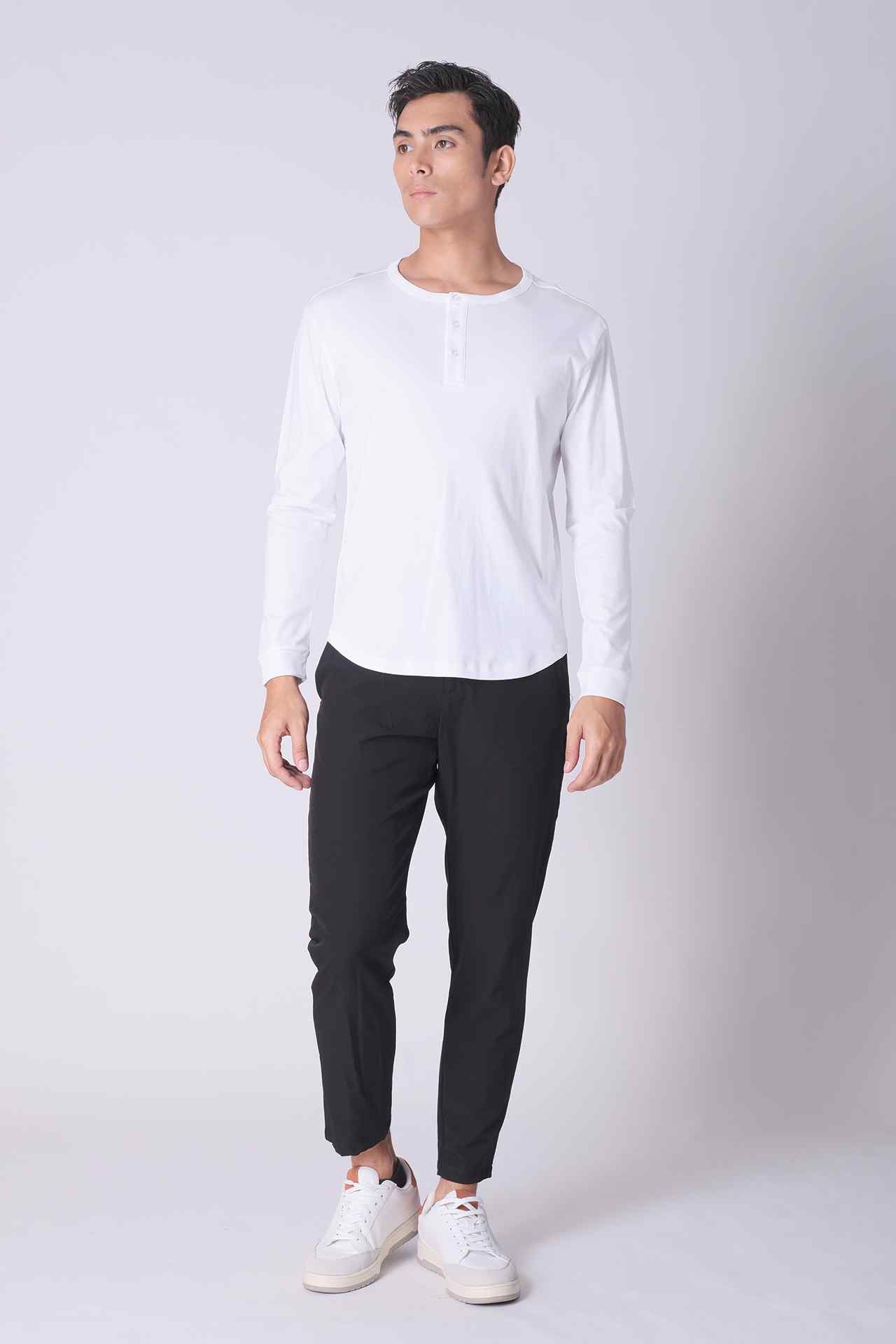 SPJ0140 - Ultra Soft Stretch Curve-Hem Long Sleeve Henley - White