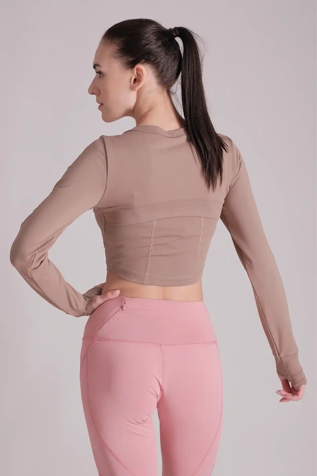 SPWJ0295 - Women's Back Open Yoga Crop Top - Brown