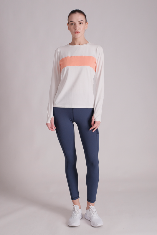 SPWJ0310 - Women's Ultra Soft Stretch Cotton Modal Color Blocking Long Sleeve T-Shirt - White