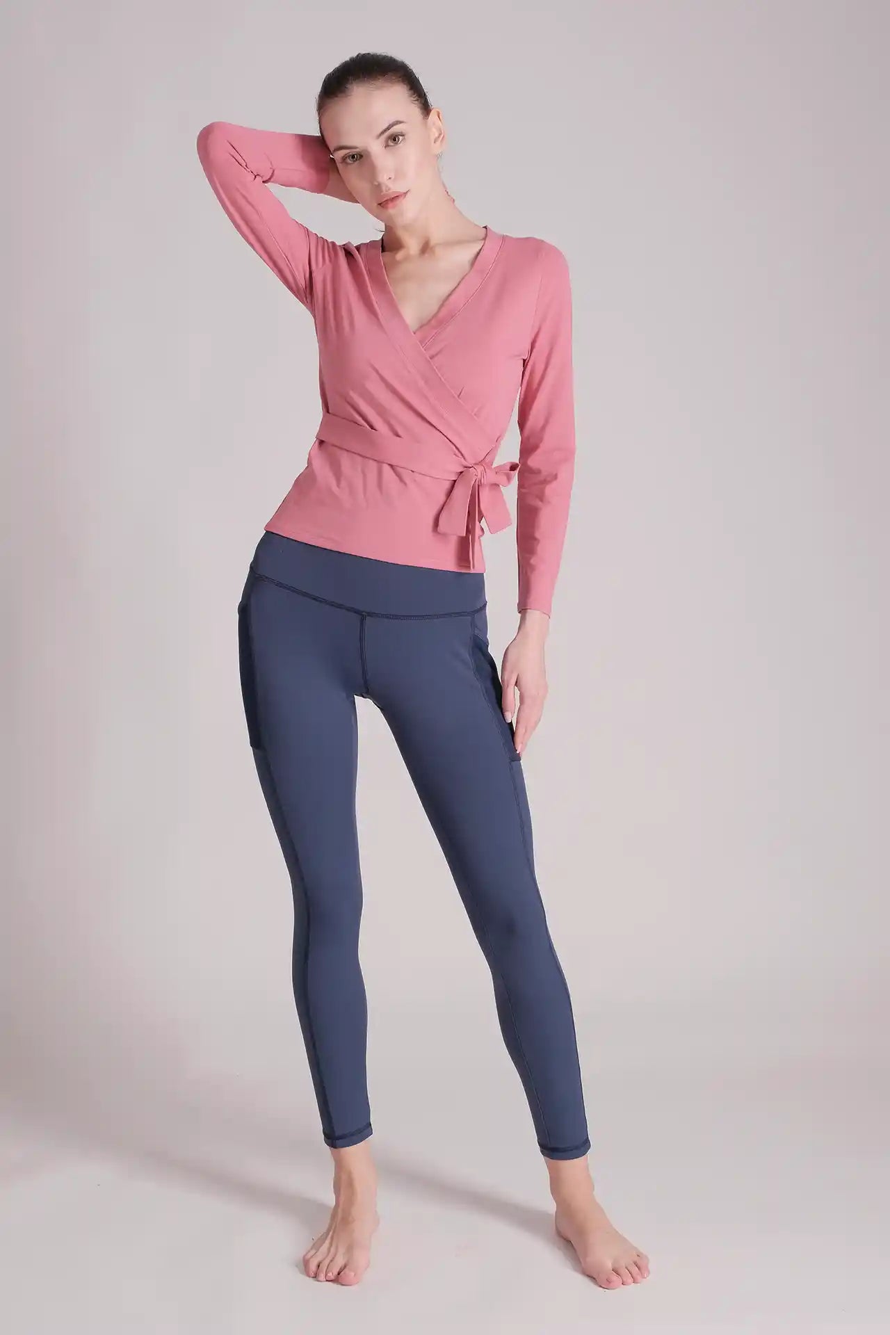 SPWJ0324 - Women's Ultra Soft Midweight Stretch Cotton Ballerina Wrap Yoga Top - Pink