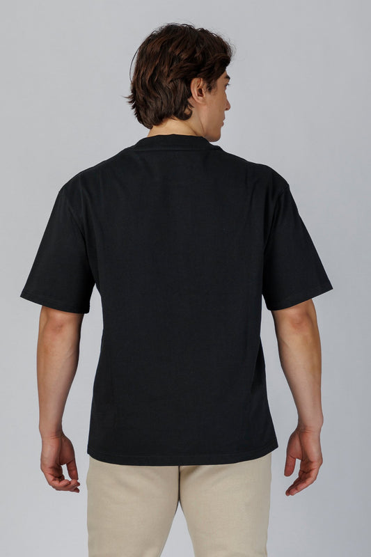 SPJ0350 - Relaxed Fit Mock Neck Straight-Hem Heavyweight Cotton Tee - Black