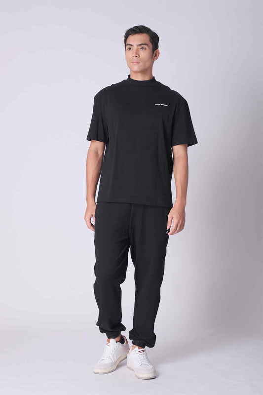 SPJ0350 - Relax Fit Mock Neck Straight-Hem Heavyweight Cotton Tee - Black