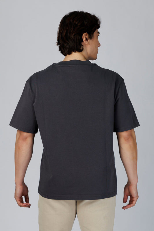 SPJ0350 - Relaxed Fit Mock Neck Straight-Hem Heavyweight Cotton Tee - Dark Grey