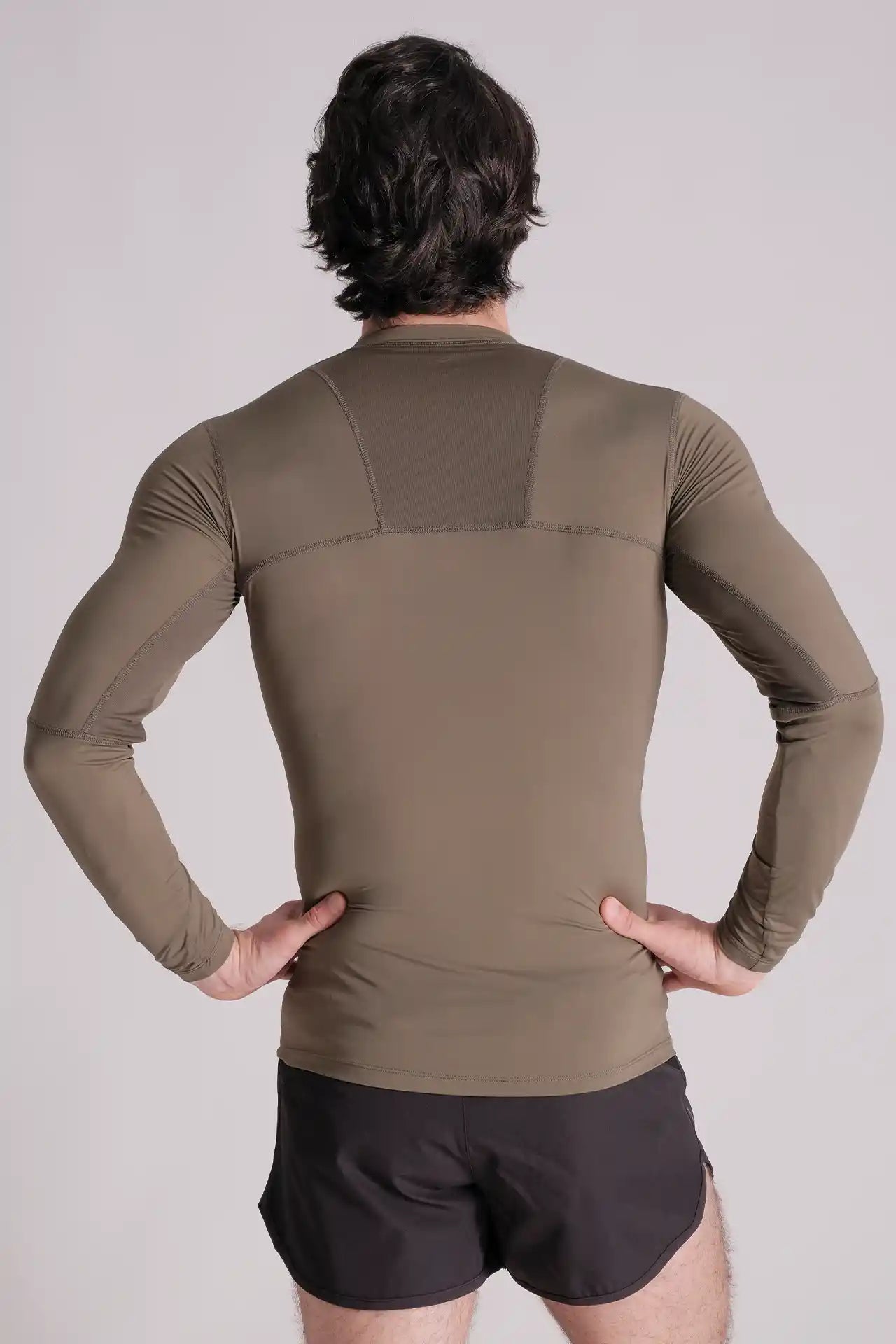 SPJ0361 - Tight Fit Back Mesh Nylon Long Sleeve Workout Tee - Army Green