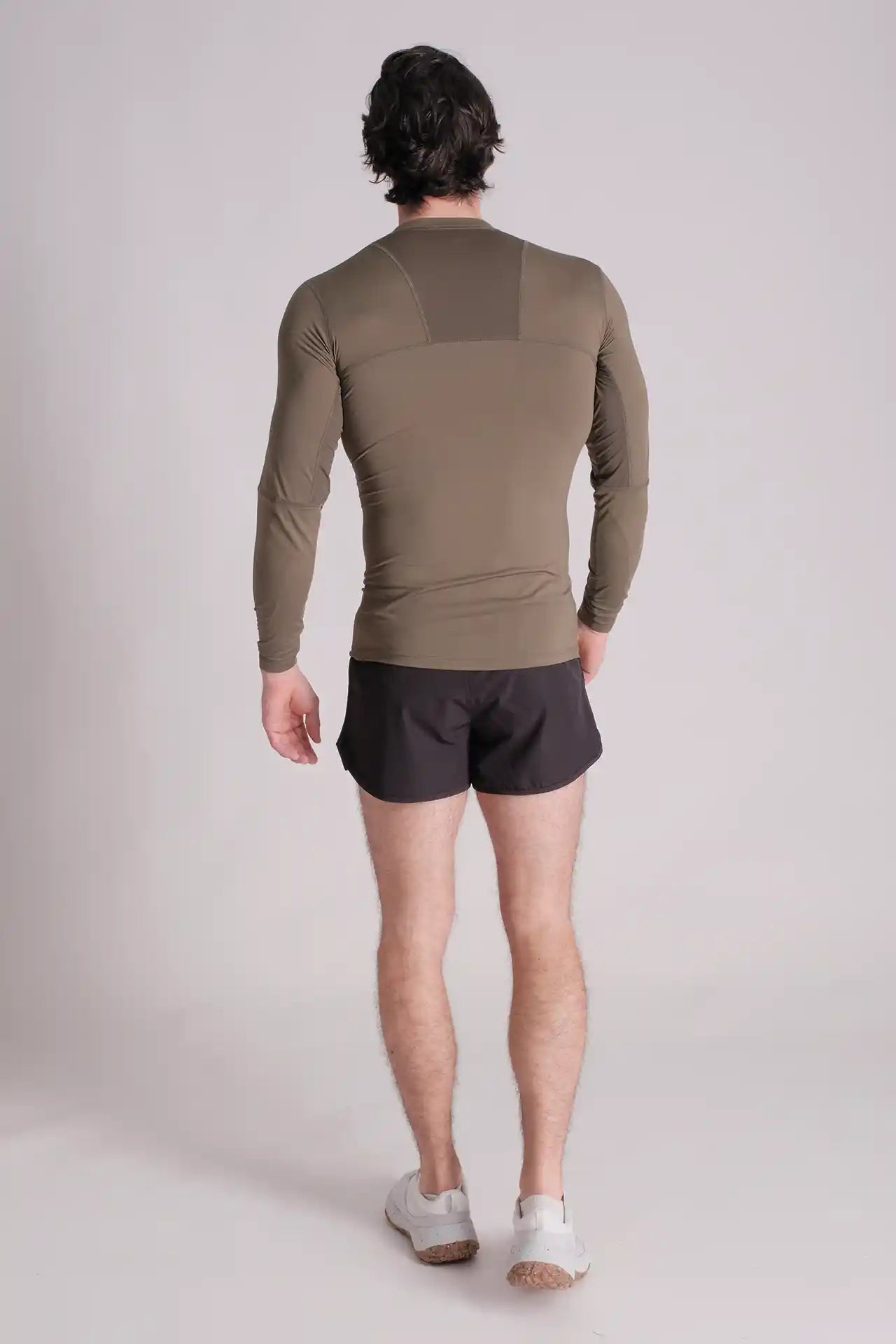 SPJ0361 - Tight Fit Back Mesh Nylon Long Sleeve Workout Tee - Army Green