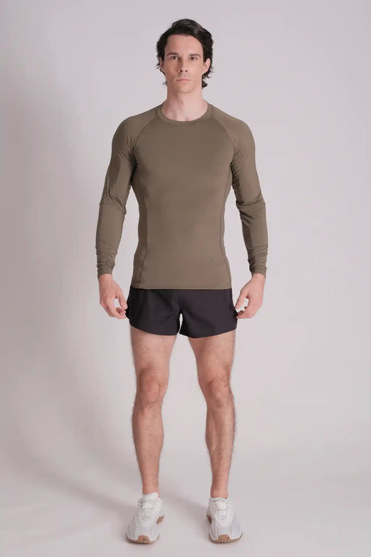 SPJ0361 - Tight Fit Back Mesh Nylon Long Sleeve Workout Tee - Army Green