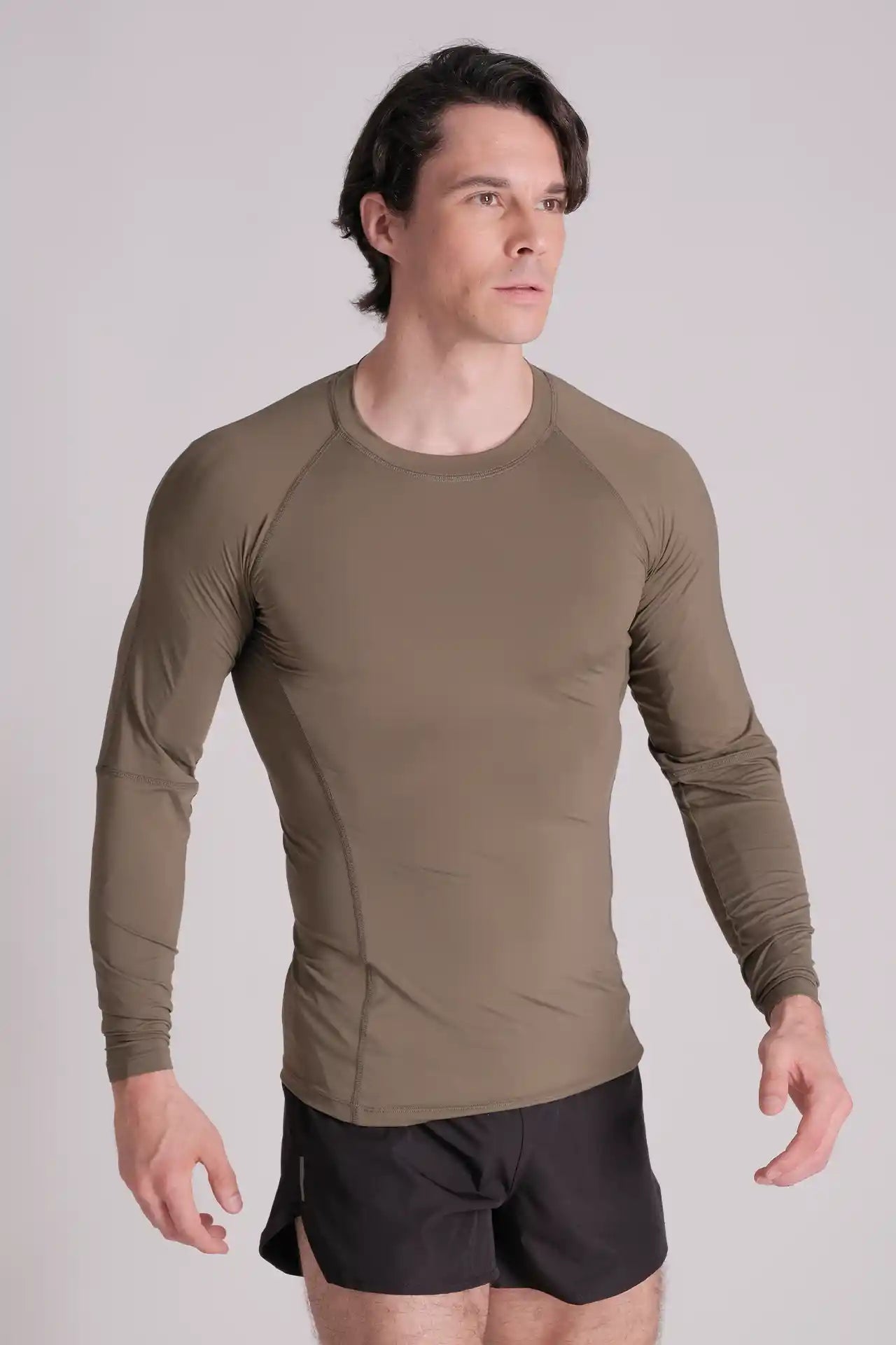 SPJ0361 - Tight Fit Back Mesh Nylon Long Sleeve Workout Tee - Army Green