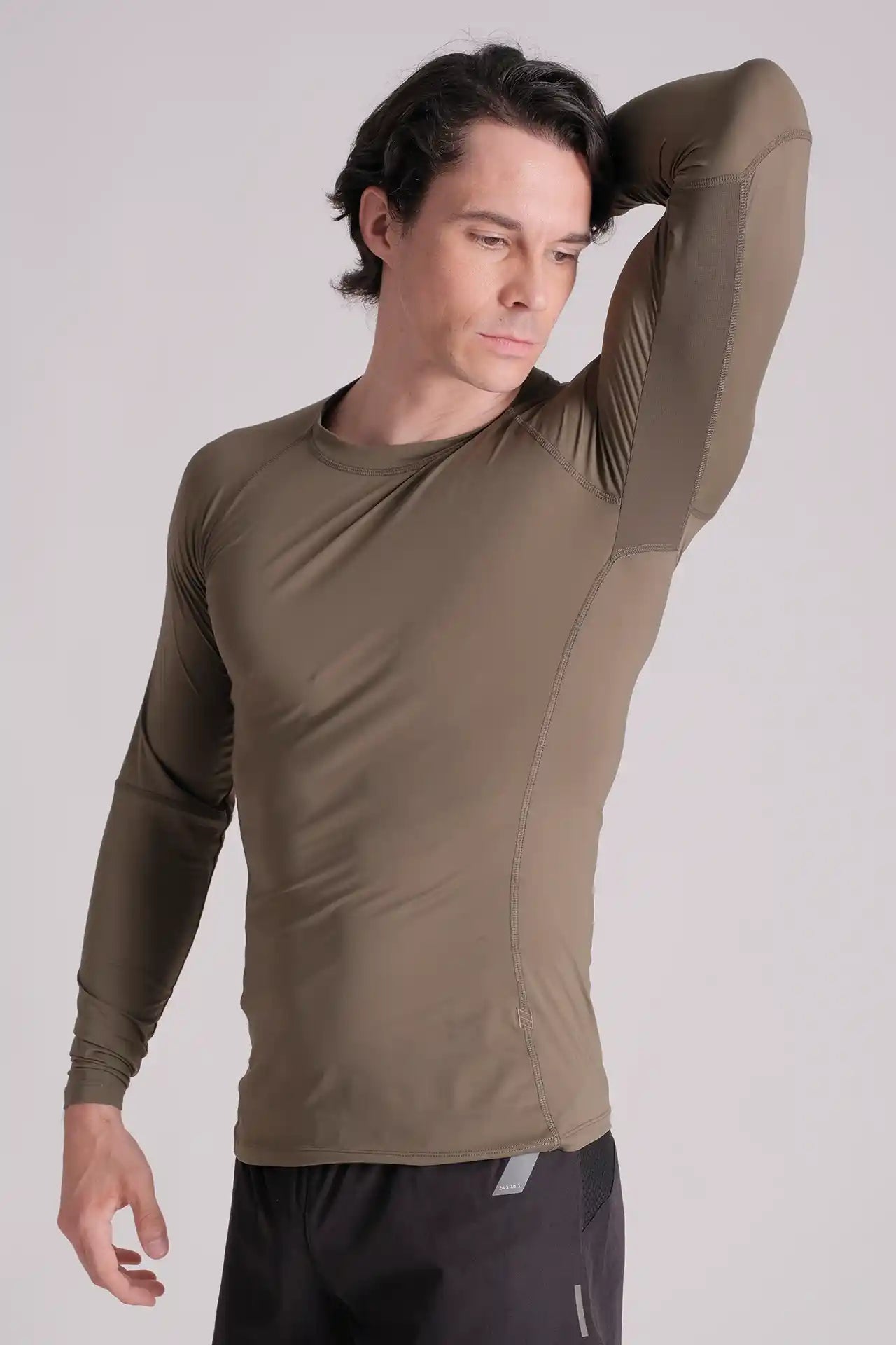 SPJ0361 - Tight Fit Back Mesh Nylon Long Sleeve Workout Tee - Army Green
