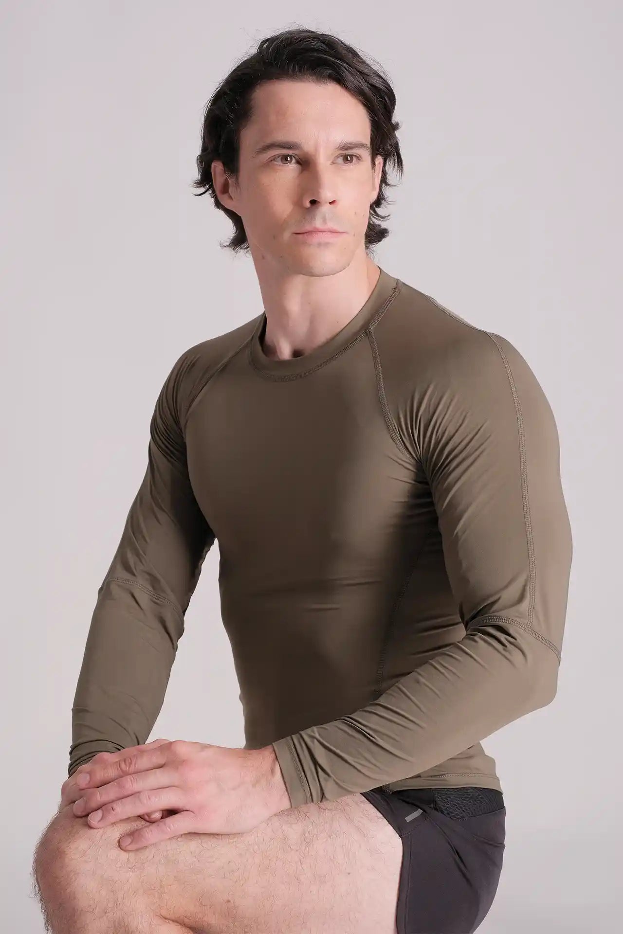 SPJ0361 - Tight Fit Back Mesh Nylon Long Sleeve Workout Tee - Army Green
