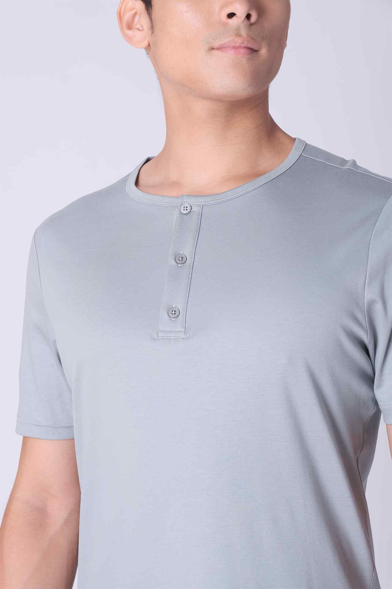 SPJ0402 - Finest US Supima Cotton Curve-Hem Short Sleeve Henley - Mid Grey