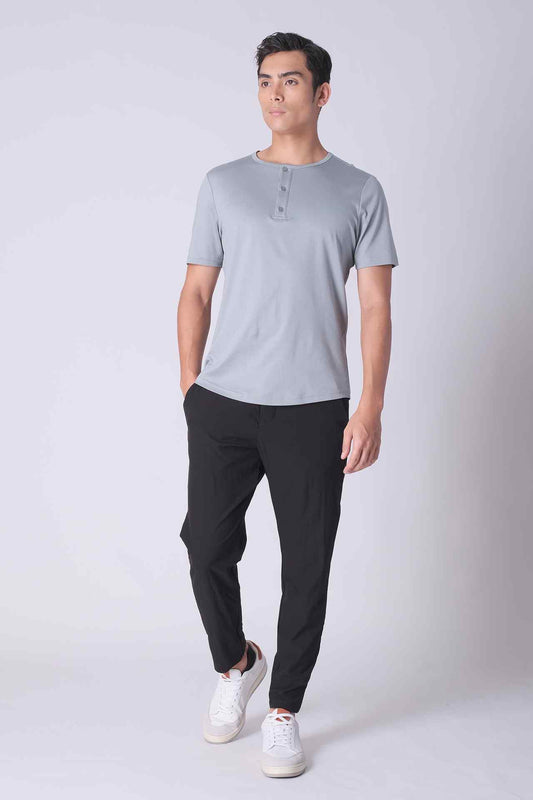 SPJ0402 - Finest US Supima Cotton Curve-Hem Short Sleeve Henley - Mid Grey