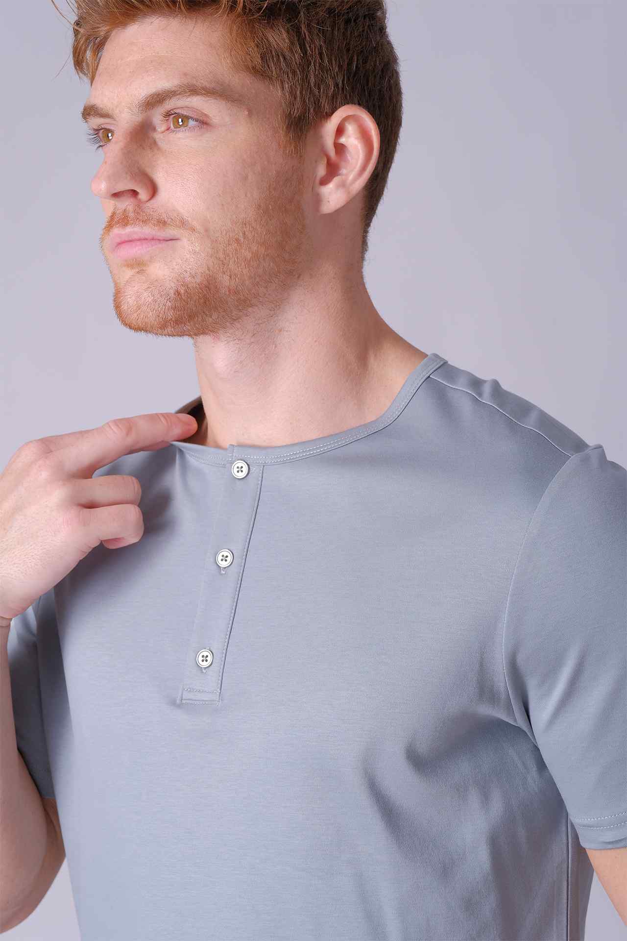 SPJ0402 - Finest US Supima Cotton Curve-Hem Short Sleeve Henley - Space Grey