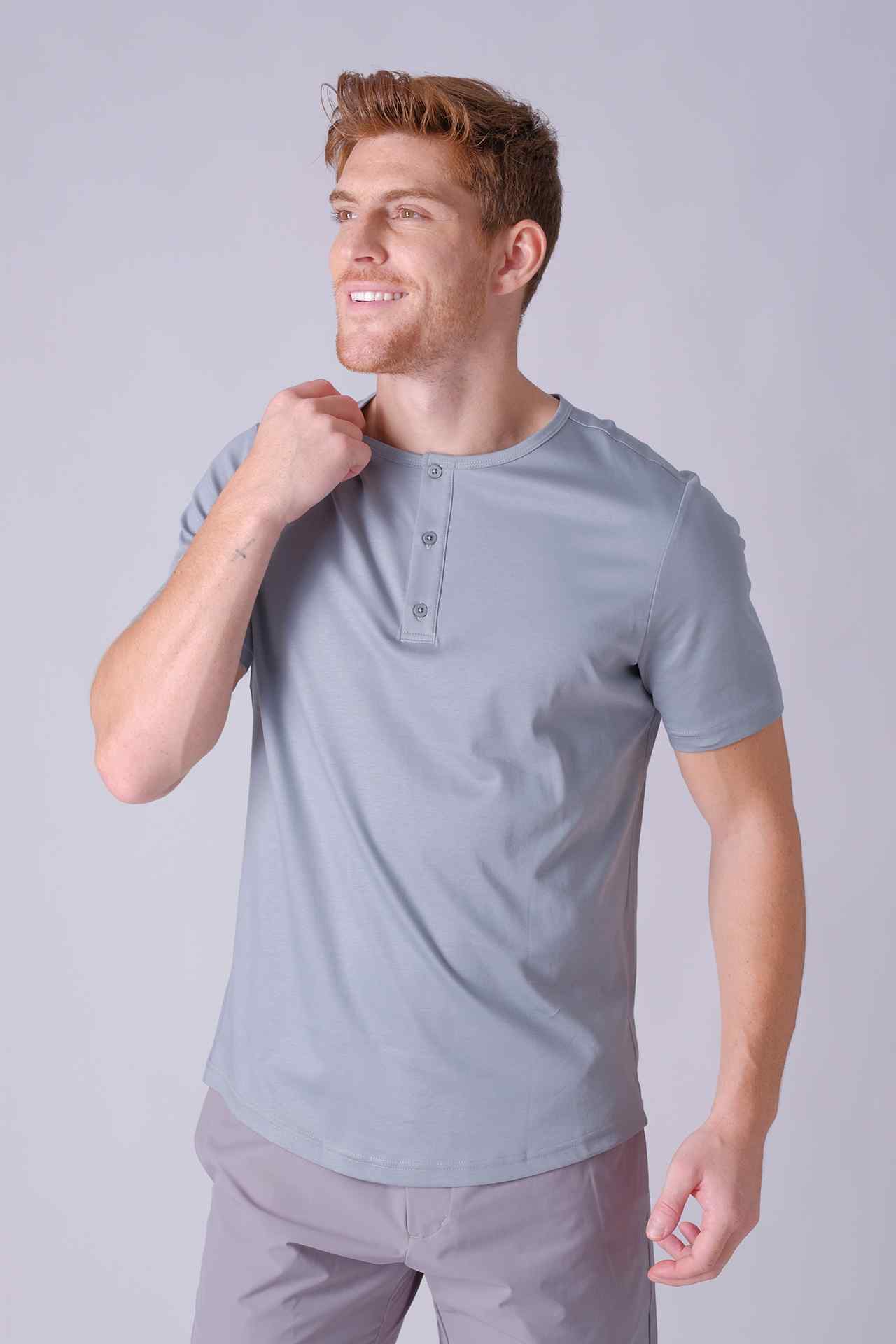 SPJ0402 - Finest US Supima Cotton Curve-Hem Short Sleeve Henley - Space Grey