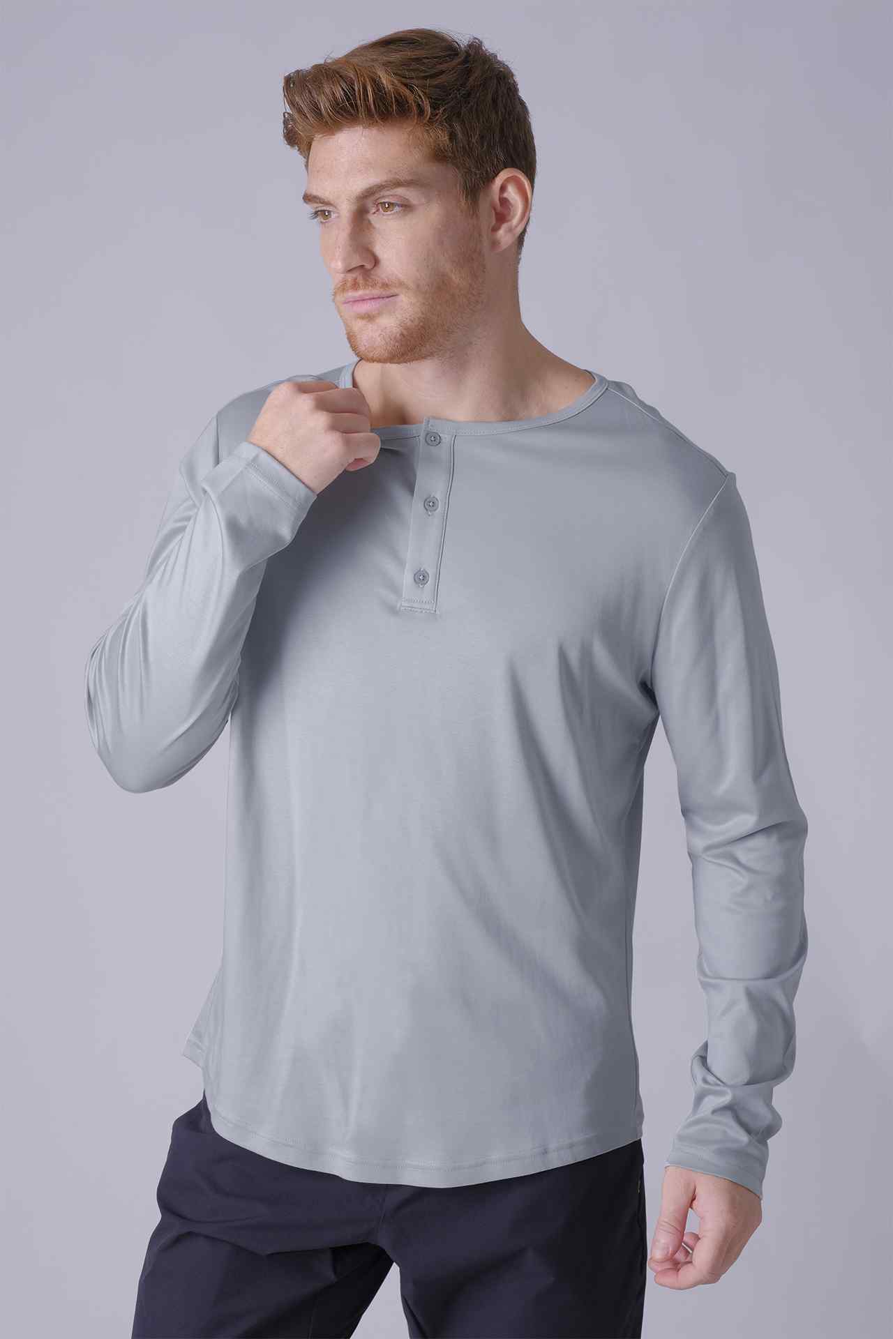 SPJ0403 - Finest US Supima Cotton Curve-Hem Long Sleeve Henley - Basalt