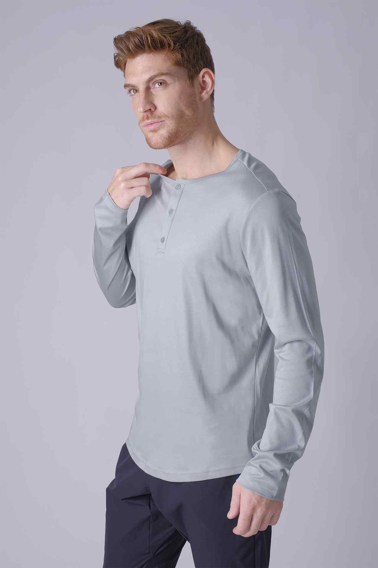 SPJ0403 - Finest US Supima Cotton Curve-Hem Long Sleeve Henley - Basalt