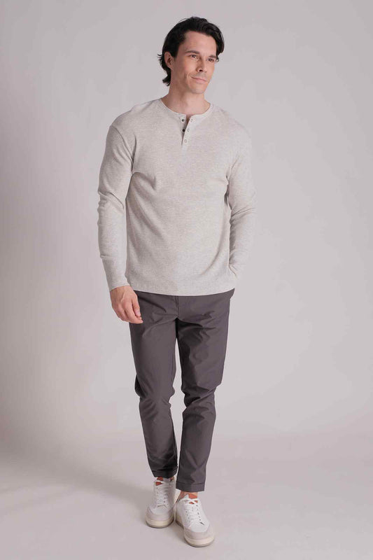 SPJ0410 - Essential Ultra Soft Lightweight 2x2 Rib Long Sleeve Henley - Heather Grey