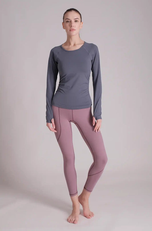 SPWJ21007 - Women's Ultra 4-Way Stretch Interlock Ruched Side Long Sleeve Yoga Top - Slate