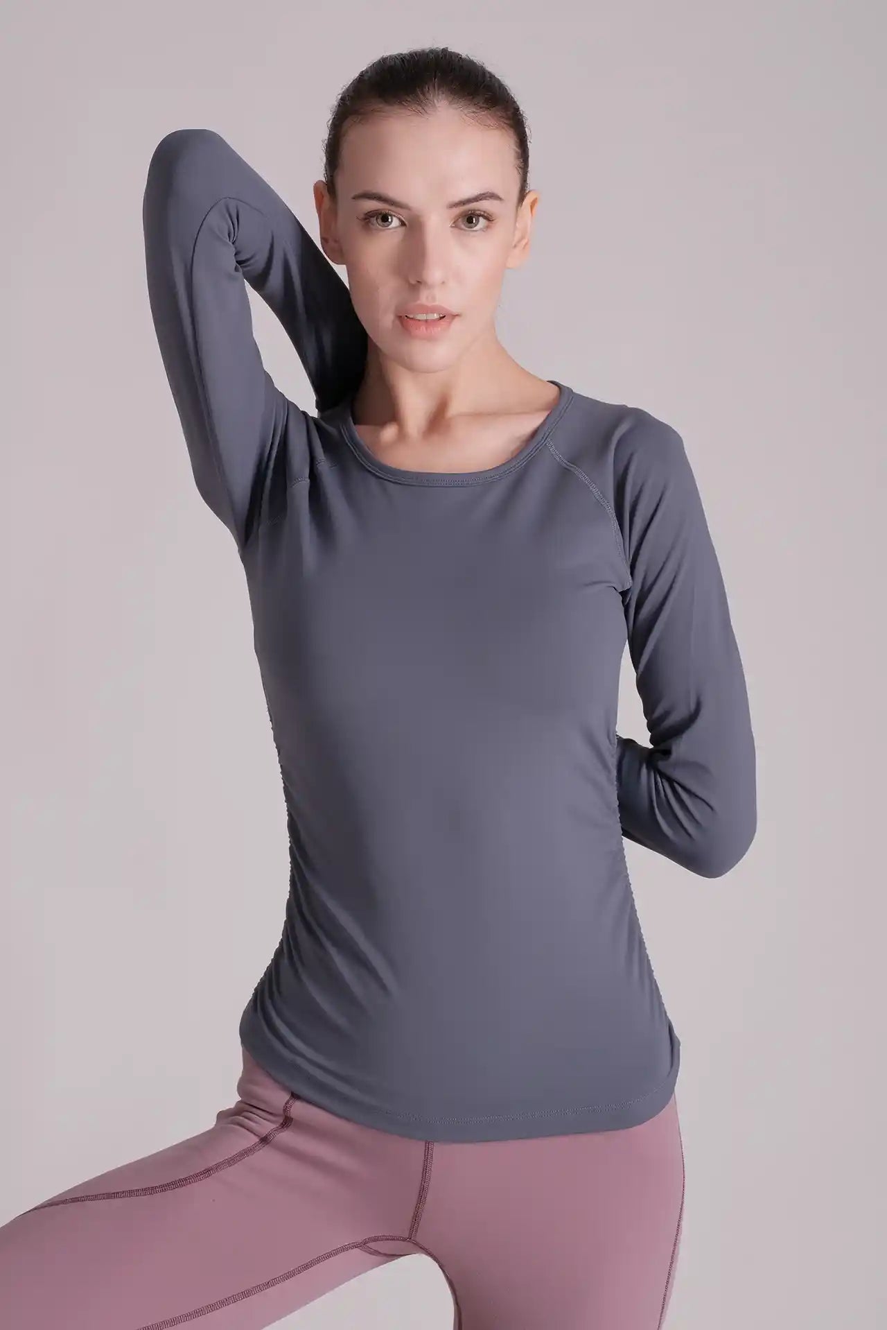 SPWJ21007 - Women's Ruched Side Long Sleeve Yoga Top - Slate