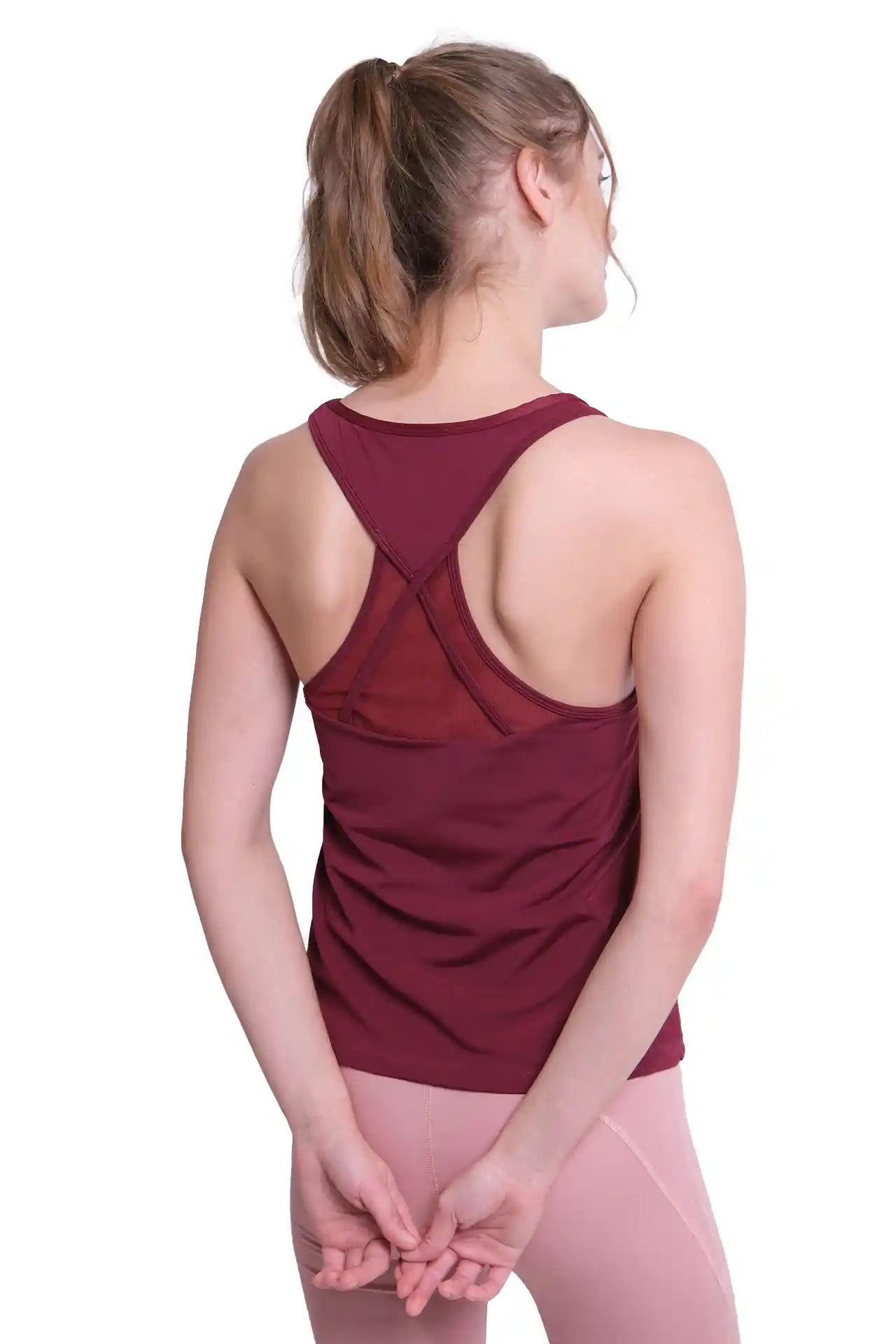SPWK0101 - Women's Ultra 4-Way Stretch Overlapped Straps Mesh Tanktops - Burgundy