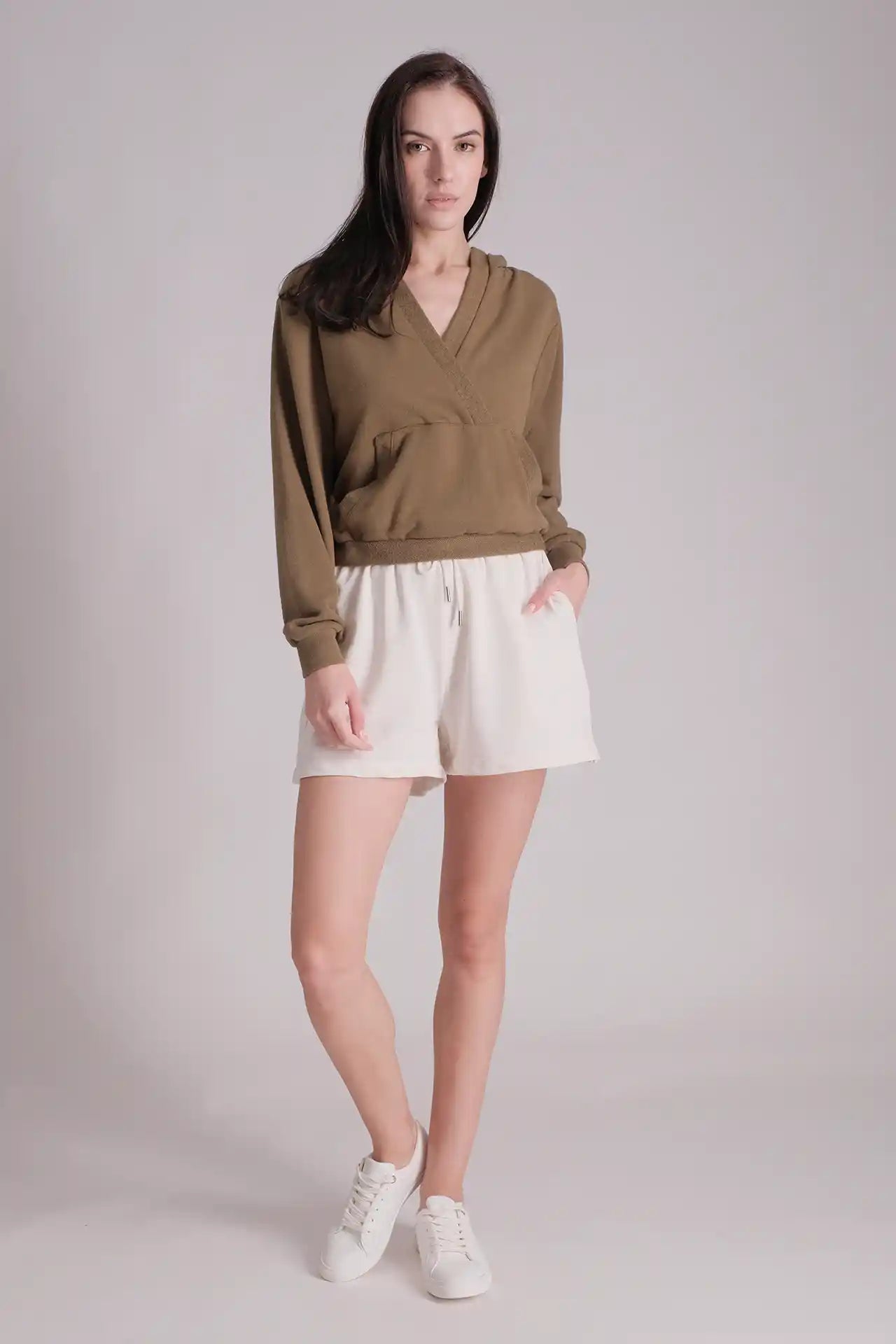 SPWN0215 - Women's Essential Overlapping Cropped Hoodie - Army Green