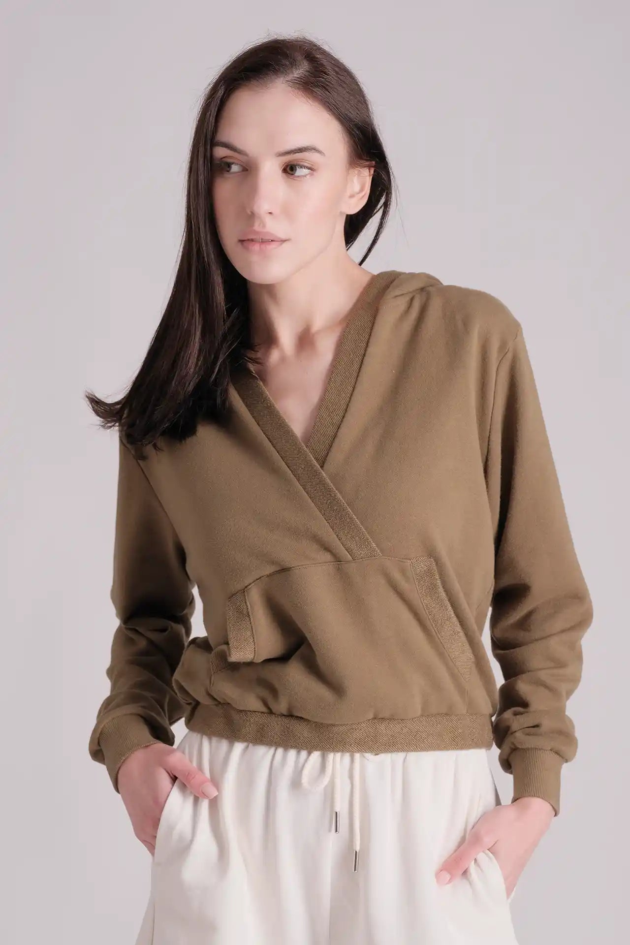 SPWN0215 - Women's Essential Overlapping Cropped Hoodie - Army Green