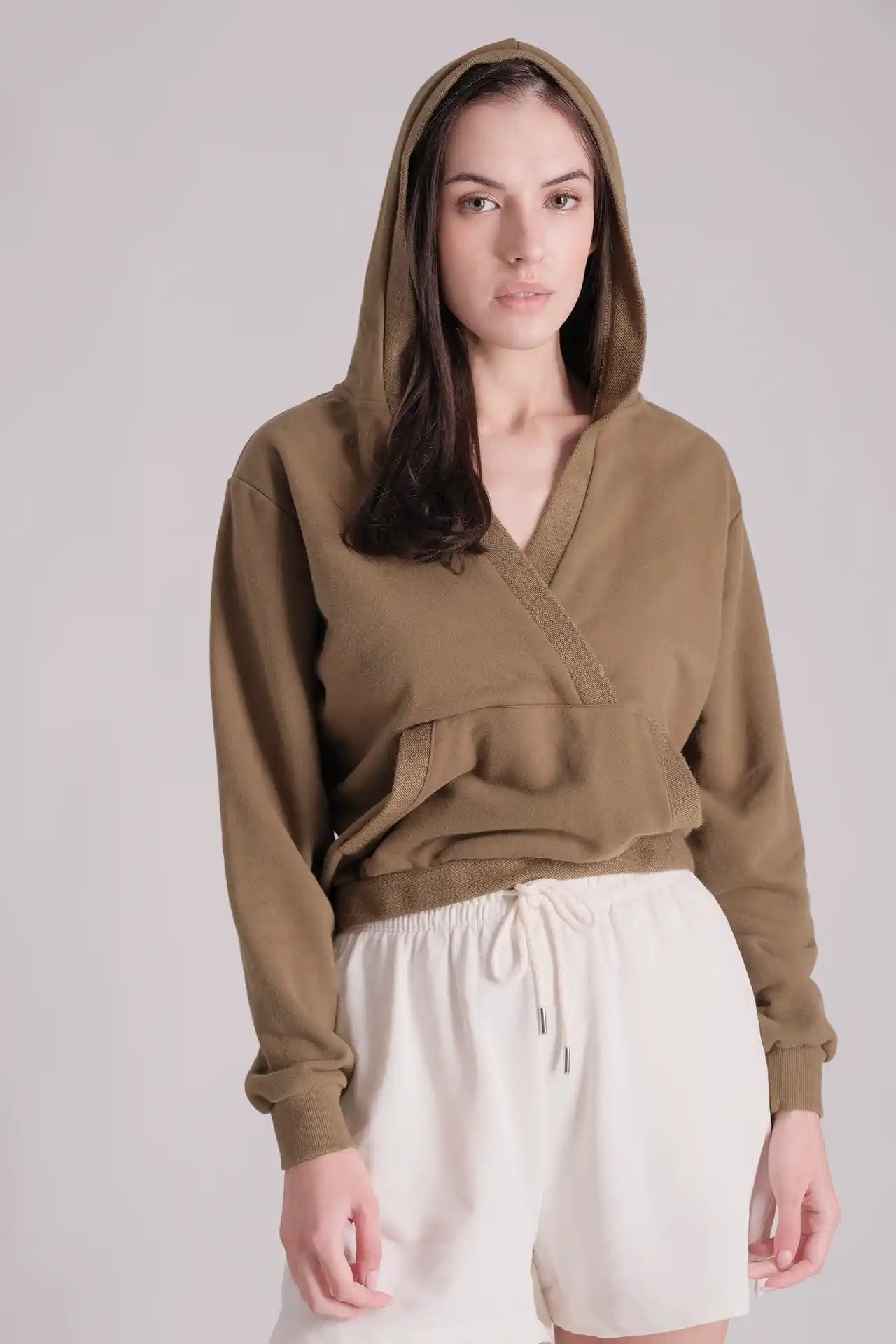 SPWN0215 - Women's Essential Overlapping Cropped Hoodie - Army Green