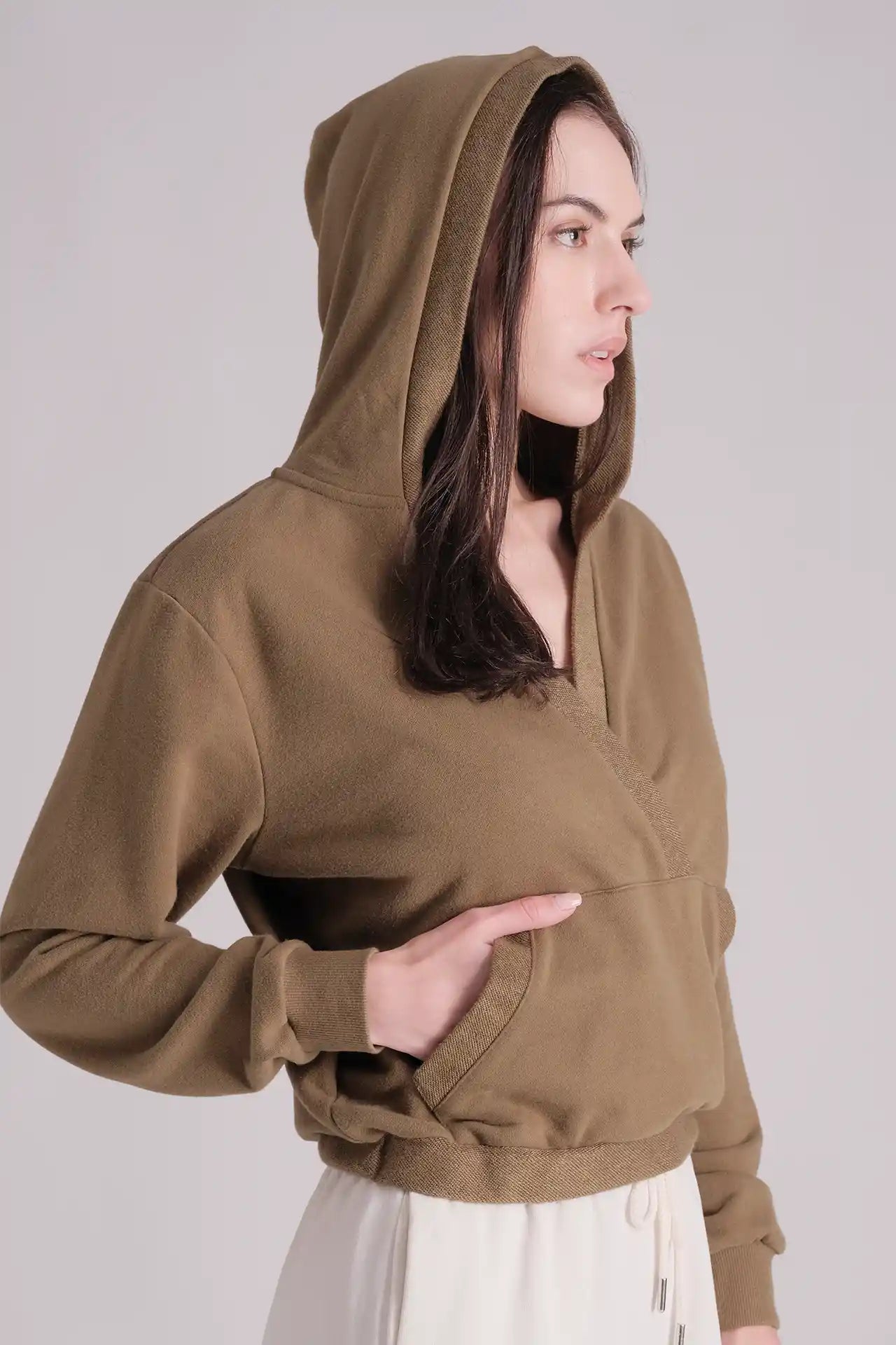 SPWN0215 - Women's Essential Overlapping Cropped Hoodie - Army Green