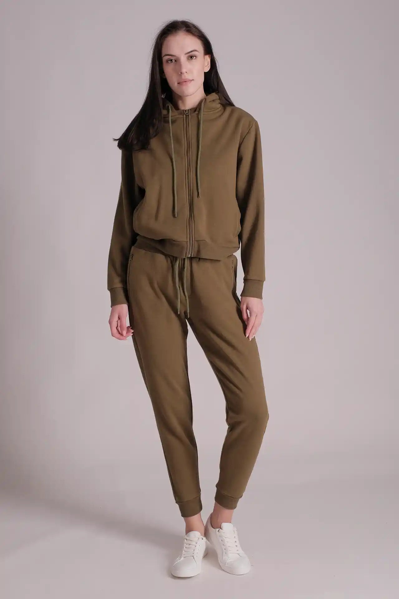 SPWN0266 - Women's Ultra Soft Mid-weight Thermal Cotton Blend Polar Fleece Rib Collar Hoodie - ARMY