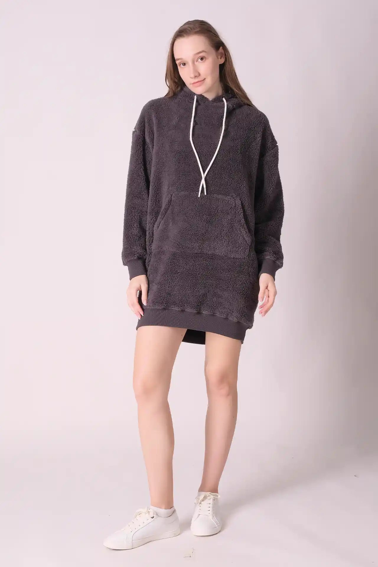 SPWN0276 - Women's Essential Fur Hoodie Dress - Dark Grey