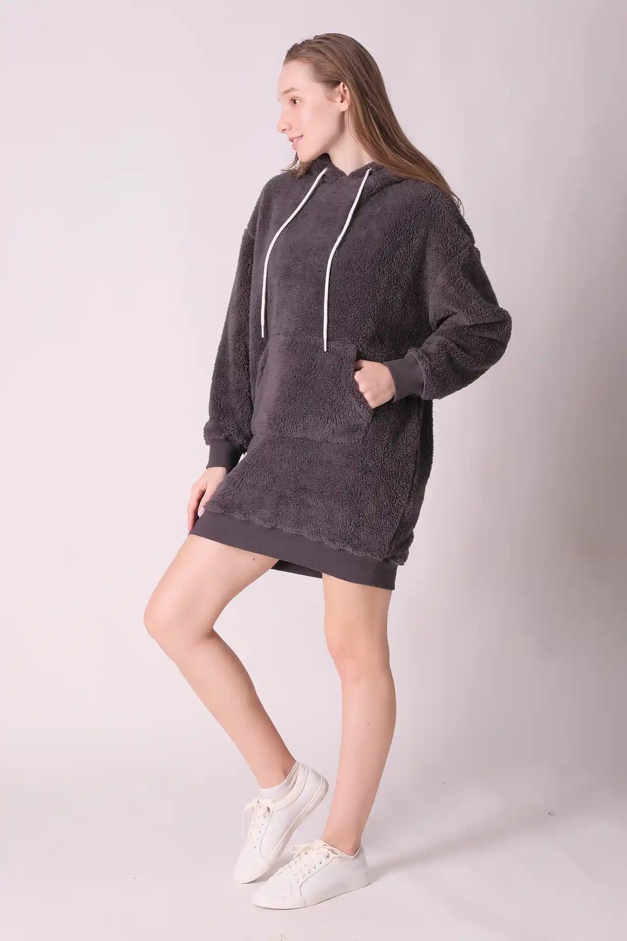 SPWN0276 - Women's Essential Fur Hoodie Dress - Dark Grey