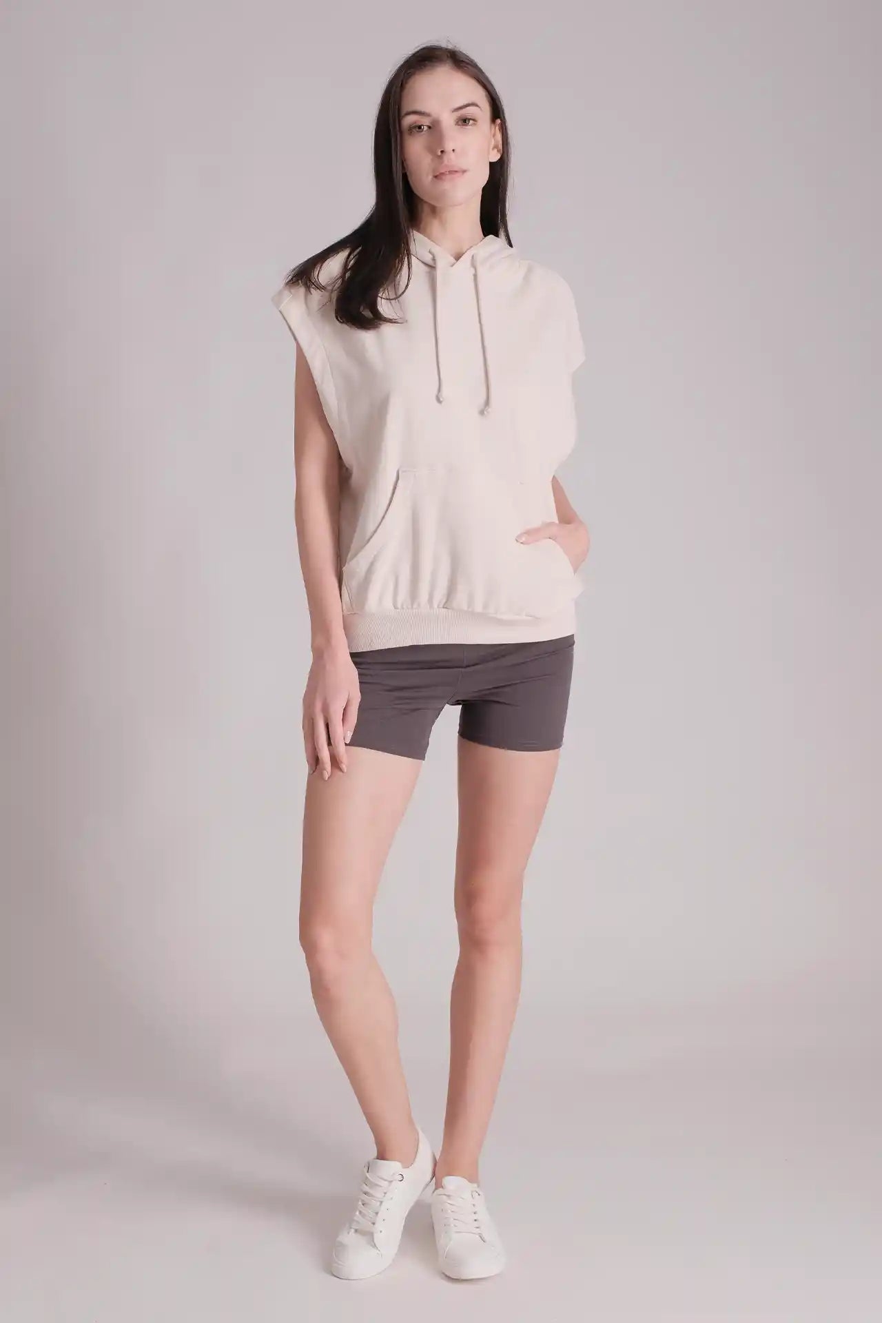 SPWN0295 - Women's Essential Relax Sleeveless Hoodie - Beige