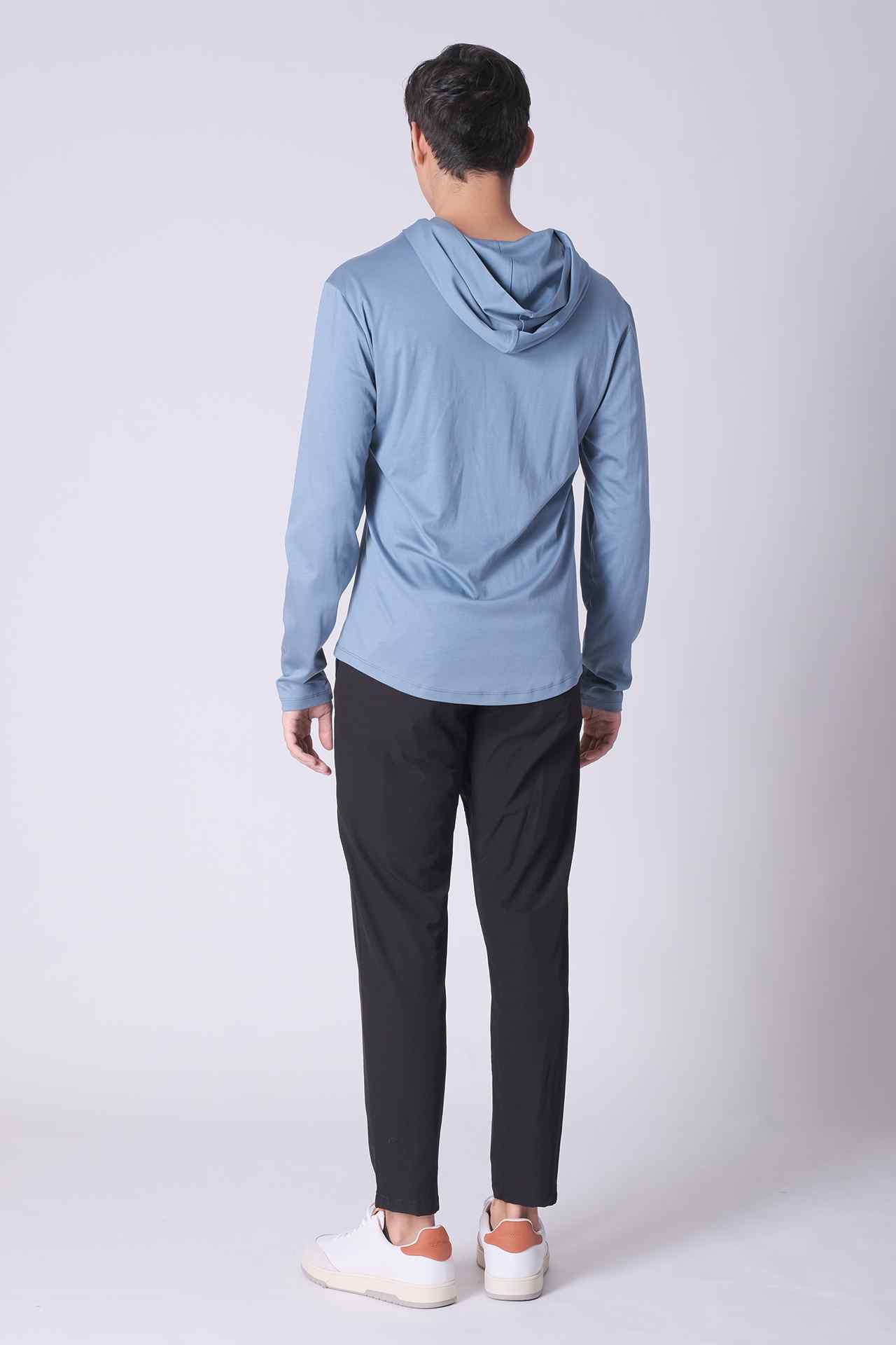 SPN0298 - Finest US Supima Cotton Curve-Hem Long Sleeve Hooded Top - Denim Blue