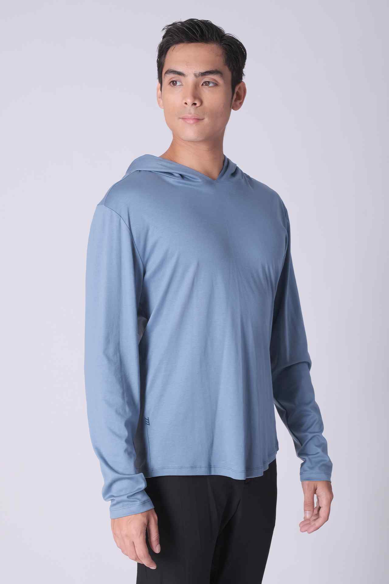 SPN0298 - Finest US Supima Cotton Curve-Hem Long Sleeve Hooded Top - Denim Blue