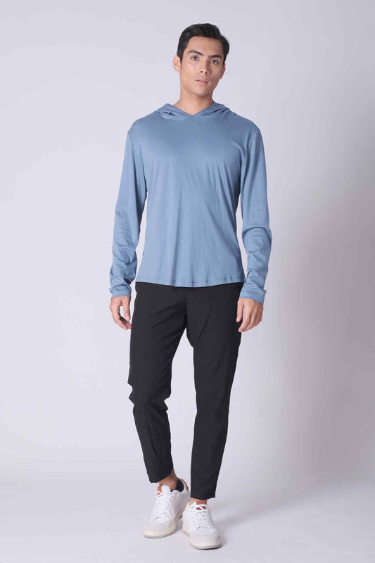 SPN0298 - Finest US Supima Cotton Curve-Hem Long Sleeve Hooded Top - Denim Blue