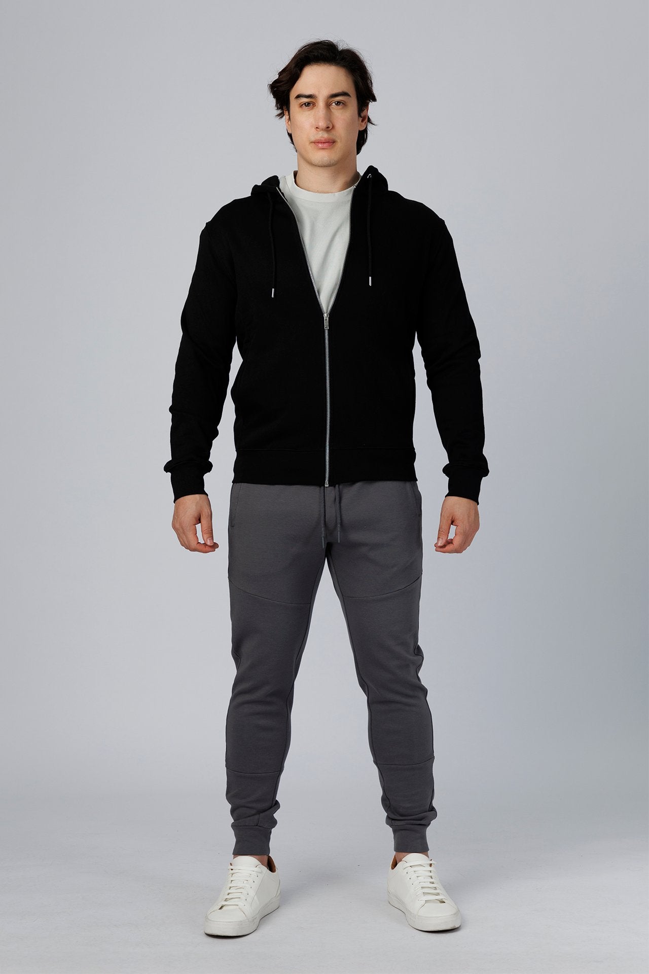 SPN0342 - Ultra Soft Mid-weight Thermal Cotton Blend Fleece Zip-UP Hooded Jacket - Black
