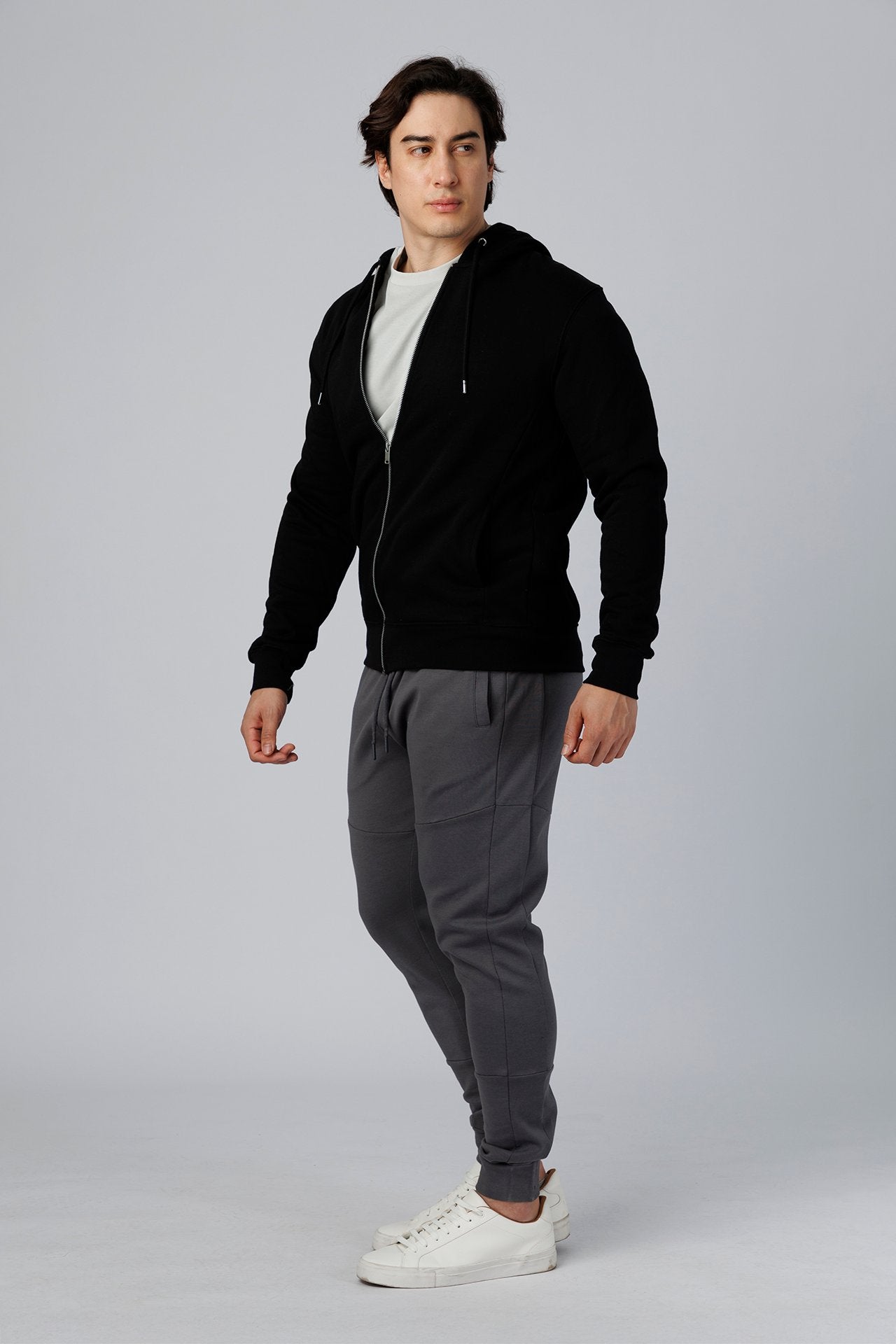 SPN0342 - Ultra Soft Mid-weight Thermal Cotton Blend Fleece Zip-UP Hooded Jacket - Black