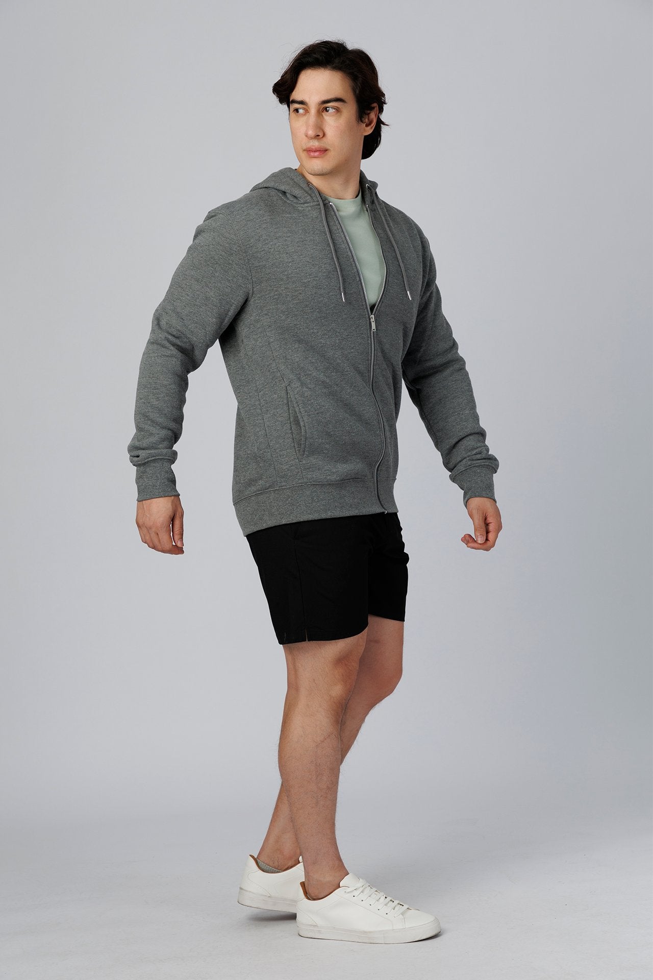 SPN0342 - Ultra Soft Mid-weight Thermal Cotton Blend Fleece Zip-UP Hooded Jacket - Dark Heather Grey