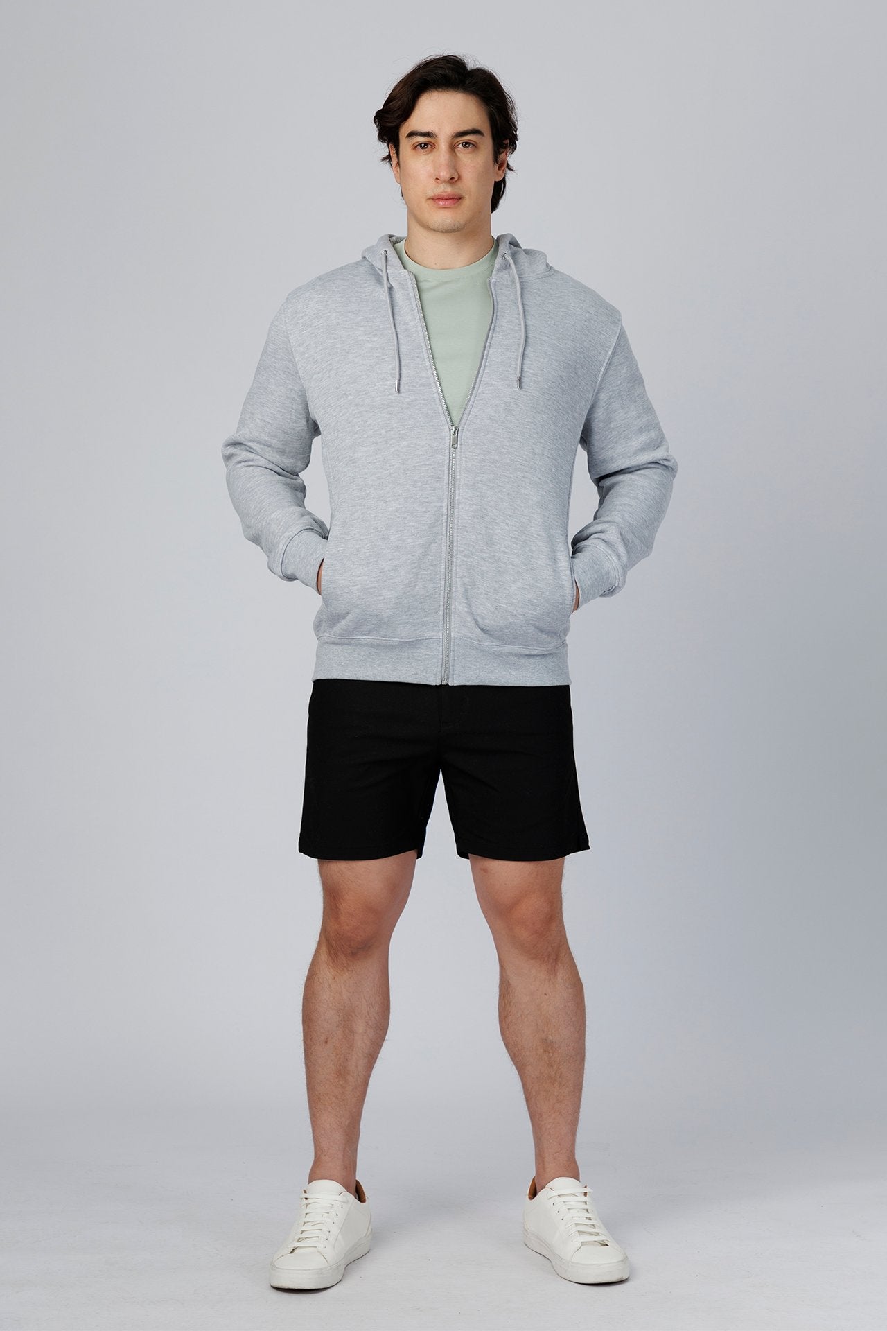 SPN0342 - Ultra Soft Mid-weight Thermal Cotton Blend Fleece Zip-UP Hooded Jacket - Heather Grey