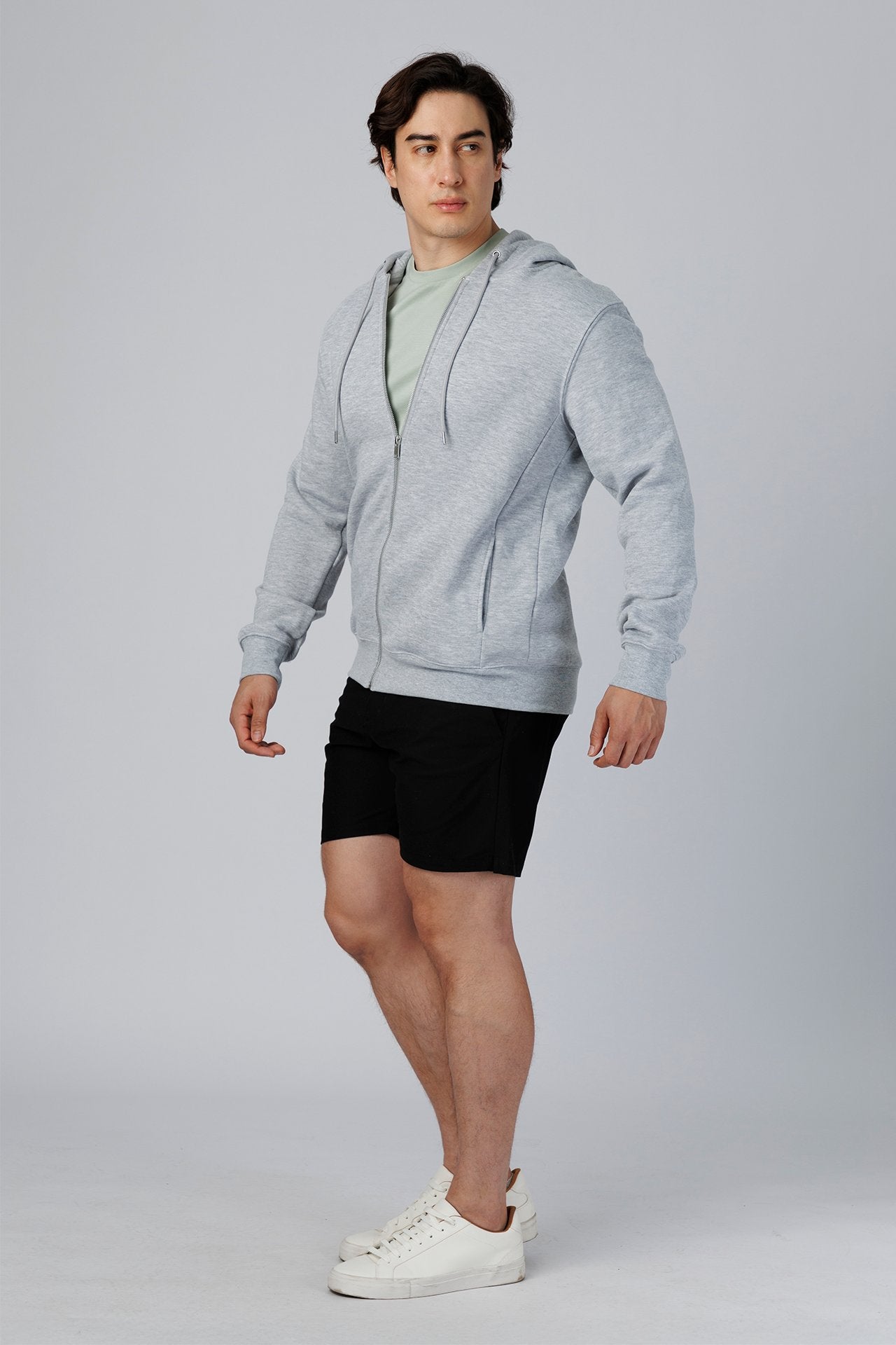 SPN0342 - Ultra Soft Mid-weight Thermal Cotton Blend Fleece Zip-UP Hooded Jacket - Heather Grey